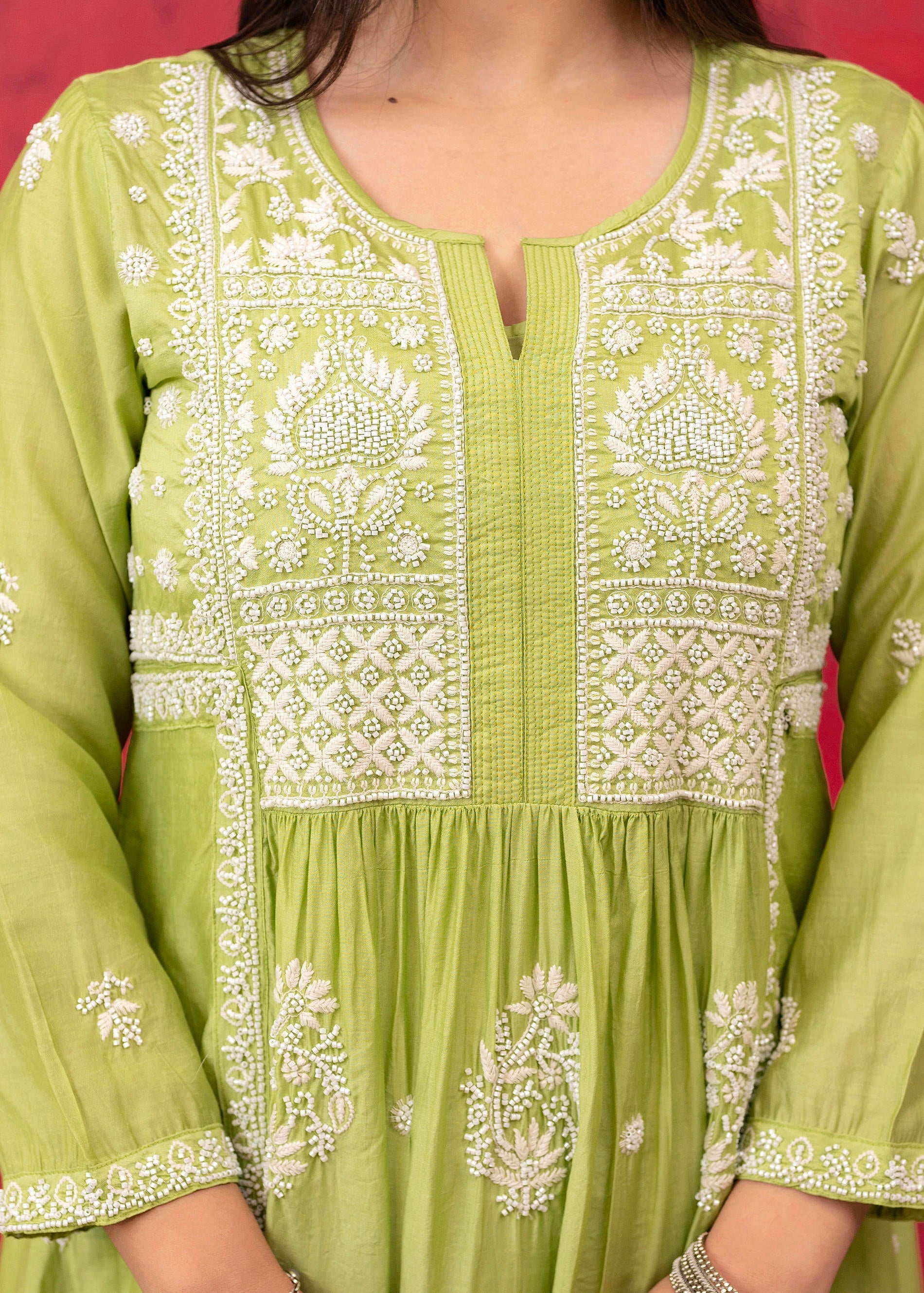 Lime Green Chanderi Kurta Pant Dupatta Set with Thread & Bead Work