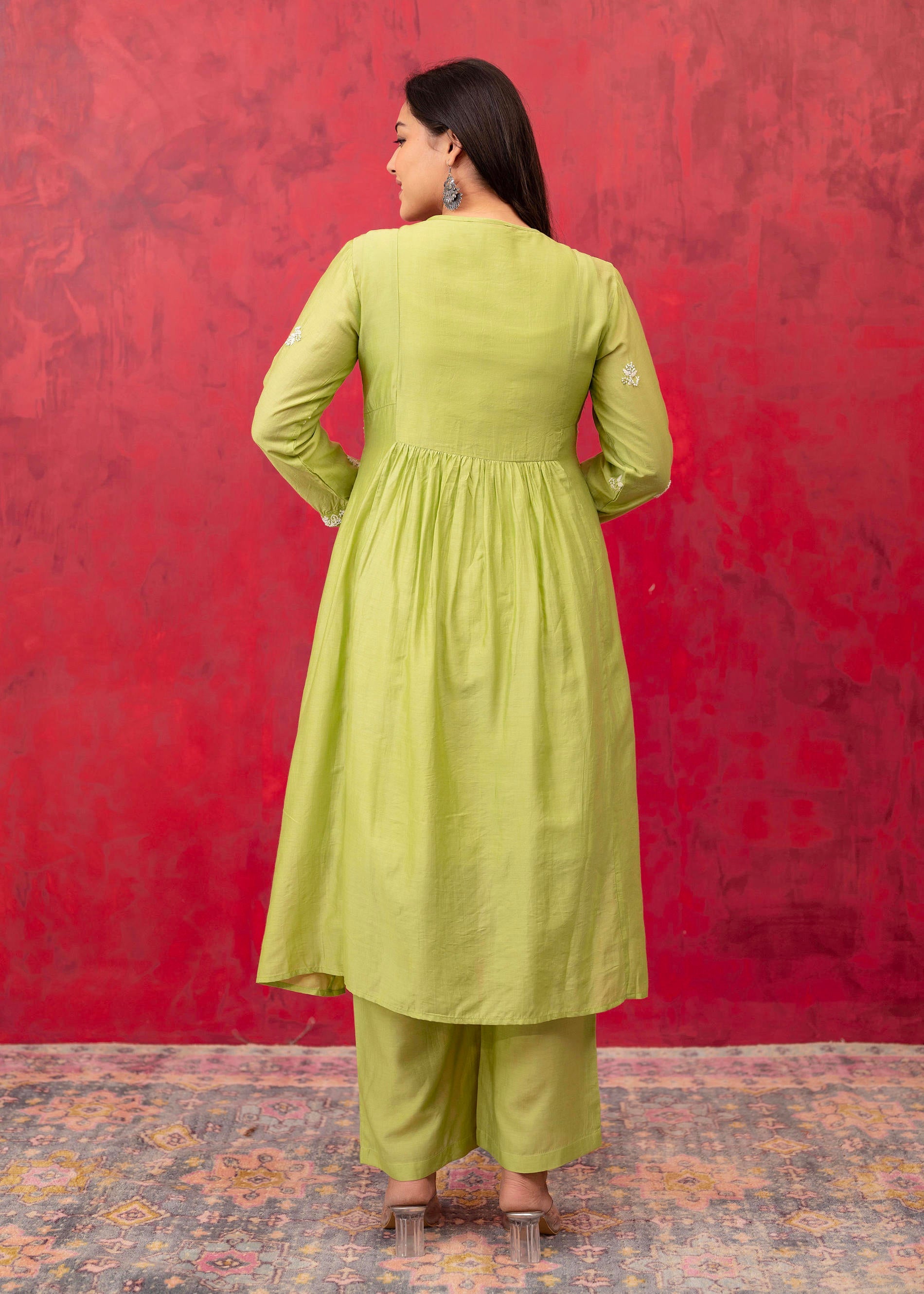 Lime Green Chanderi Kurta Pant Dupatta Set with Thread & Bead Work