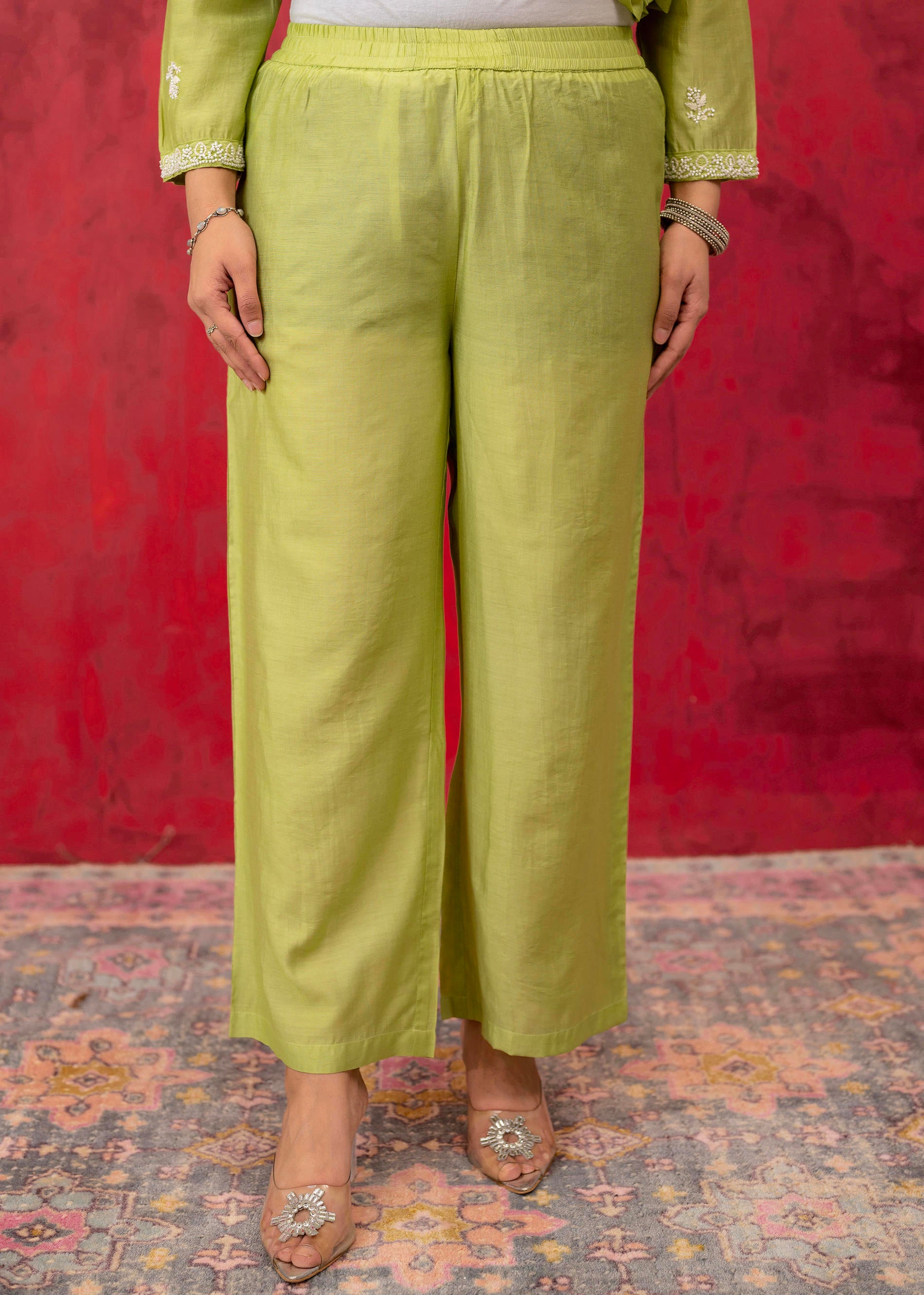 Lime Green Chanderi Kurta Pant Dupatta Set with Thread & Bead Work