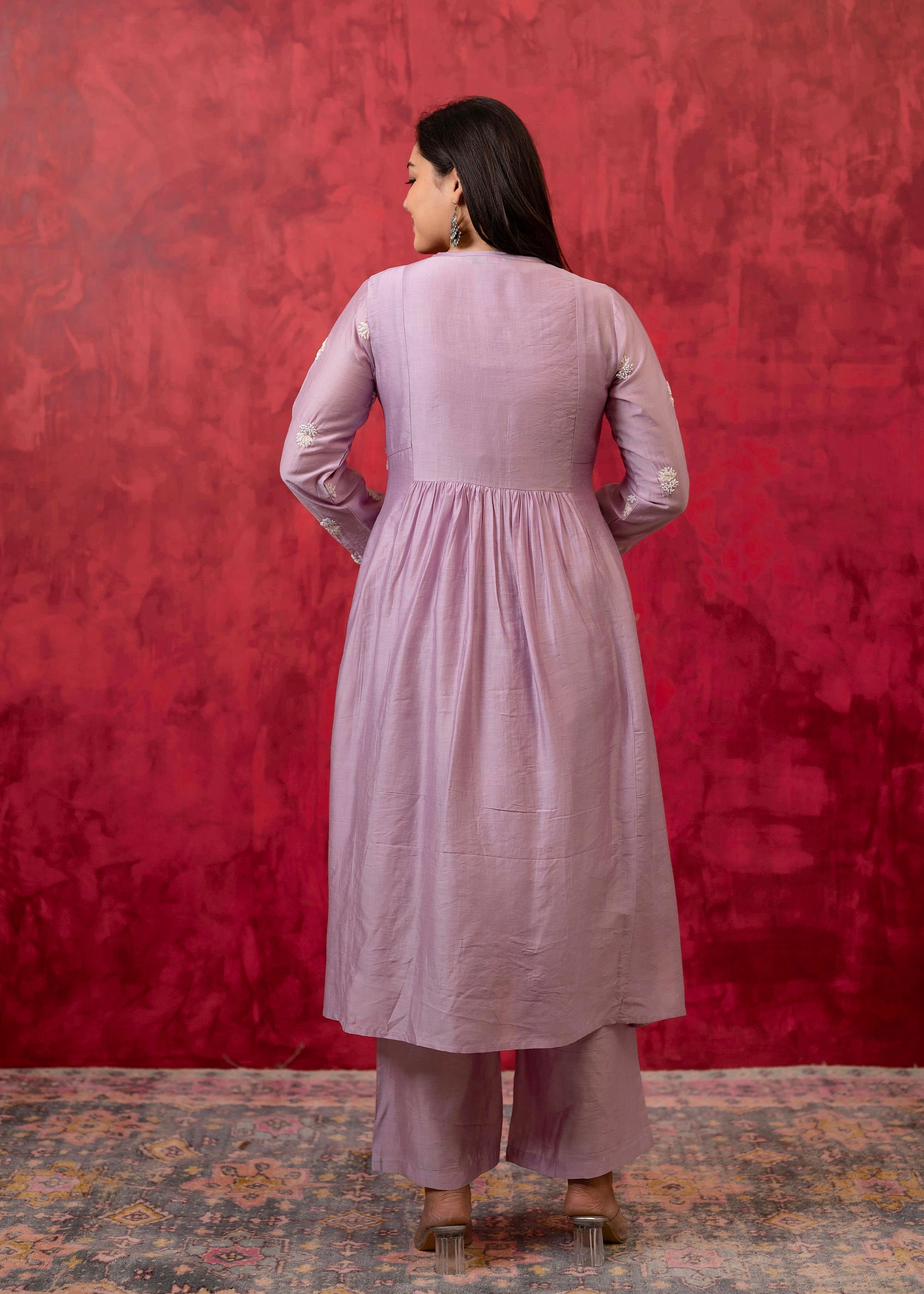 Lavender Embroidered Floral Chanderi Kurta with Palazzo & Dupatta