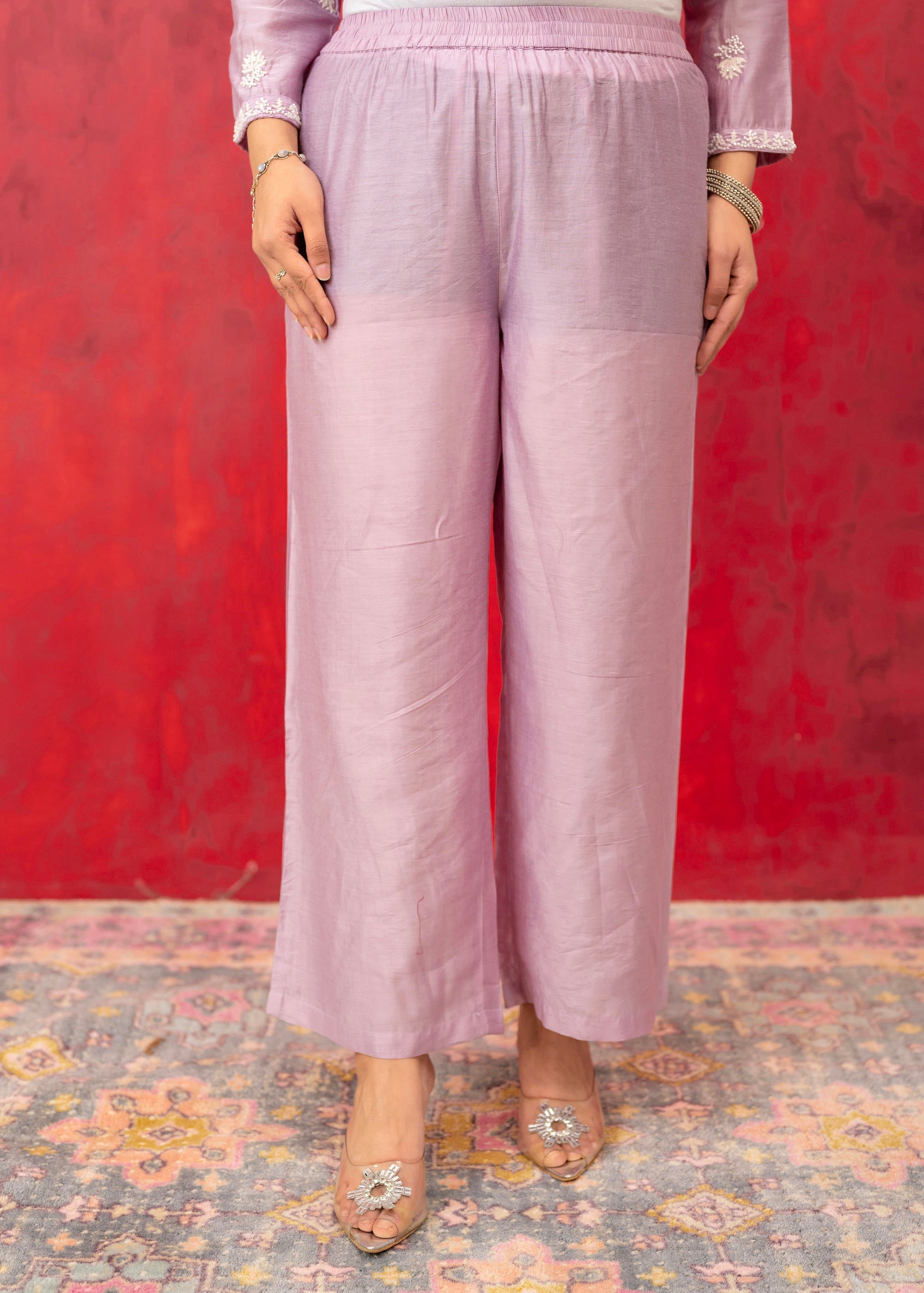 Lavender Embroidered Floral Chanderi Kurta with Palazzo & Dupatta