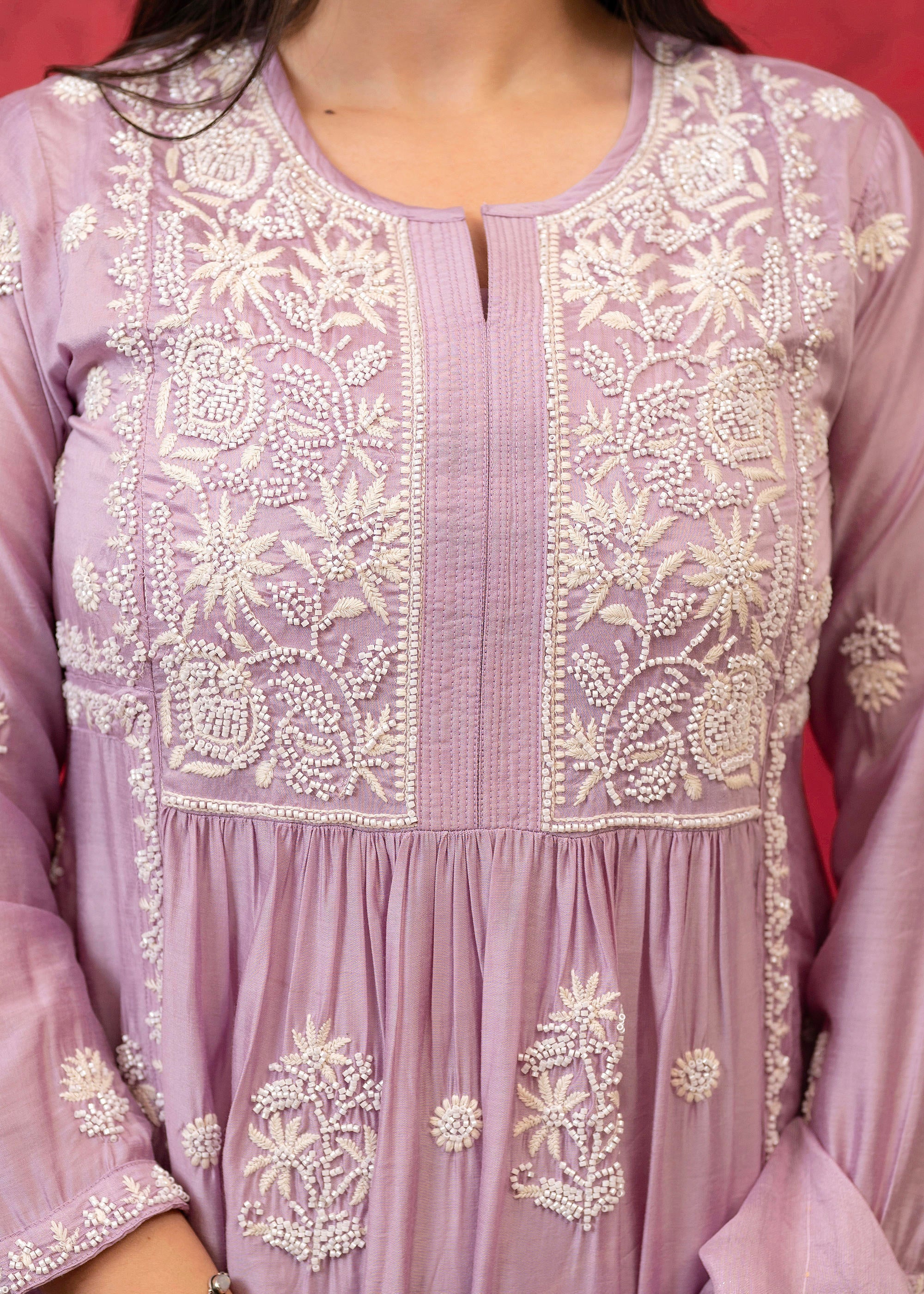 Lavender Embroidered Floral Chanderi Kurta with Palazzo & Dupatta