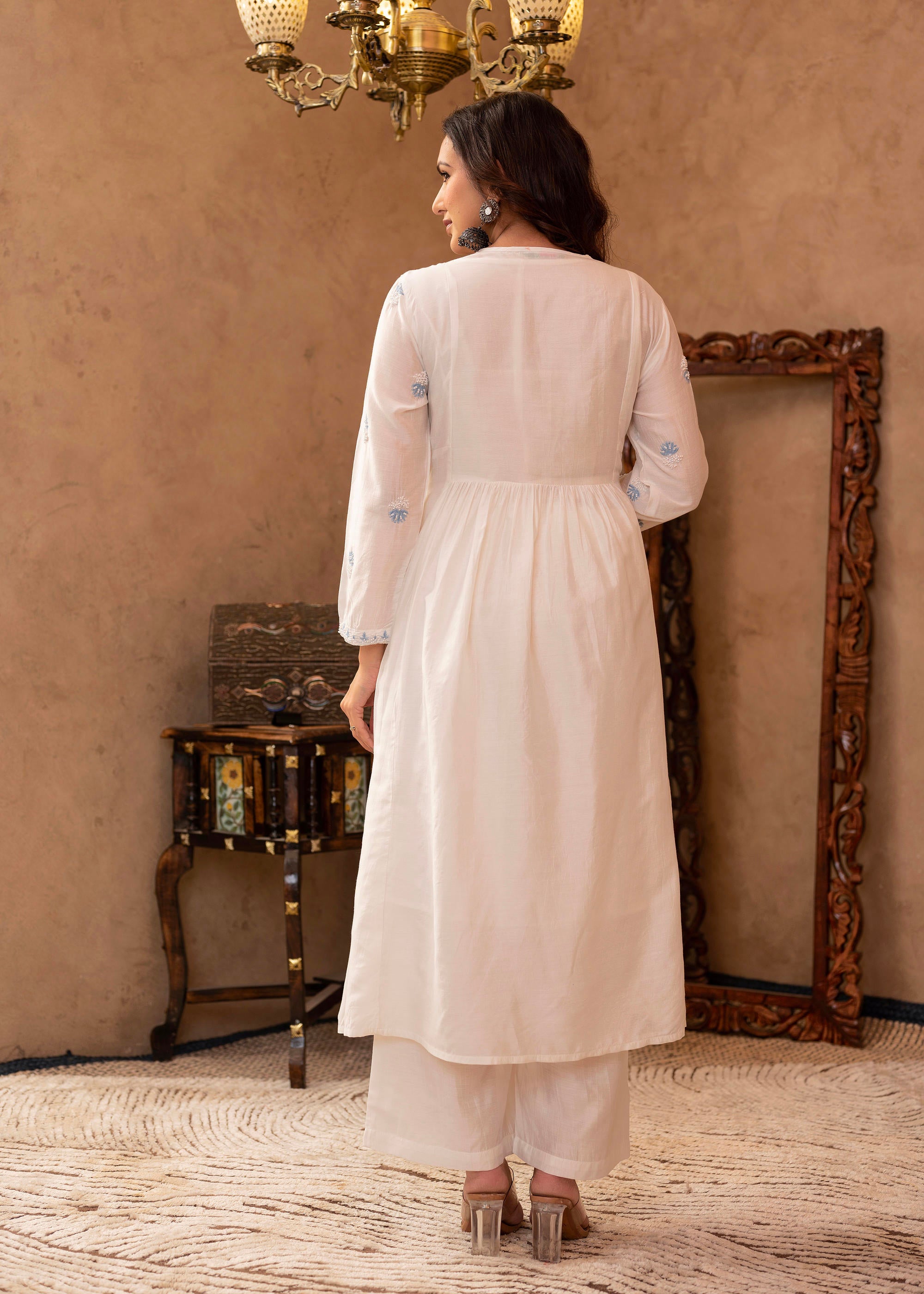 Off-White Chanderi Floral Embroidered Kurta with Palazzo, Dupatta & Bead Work