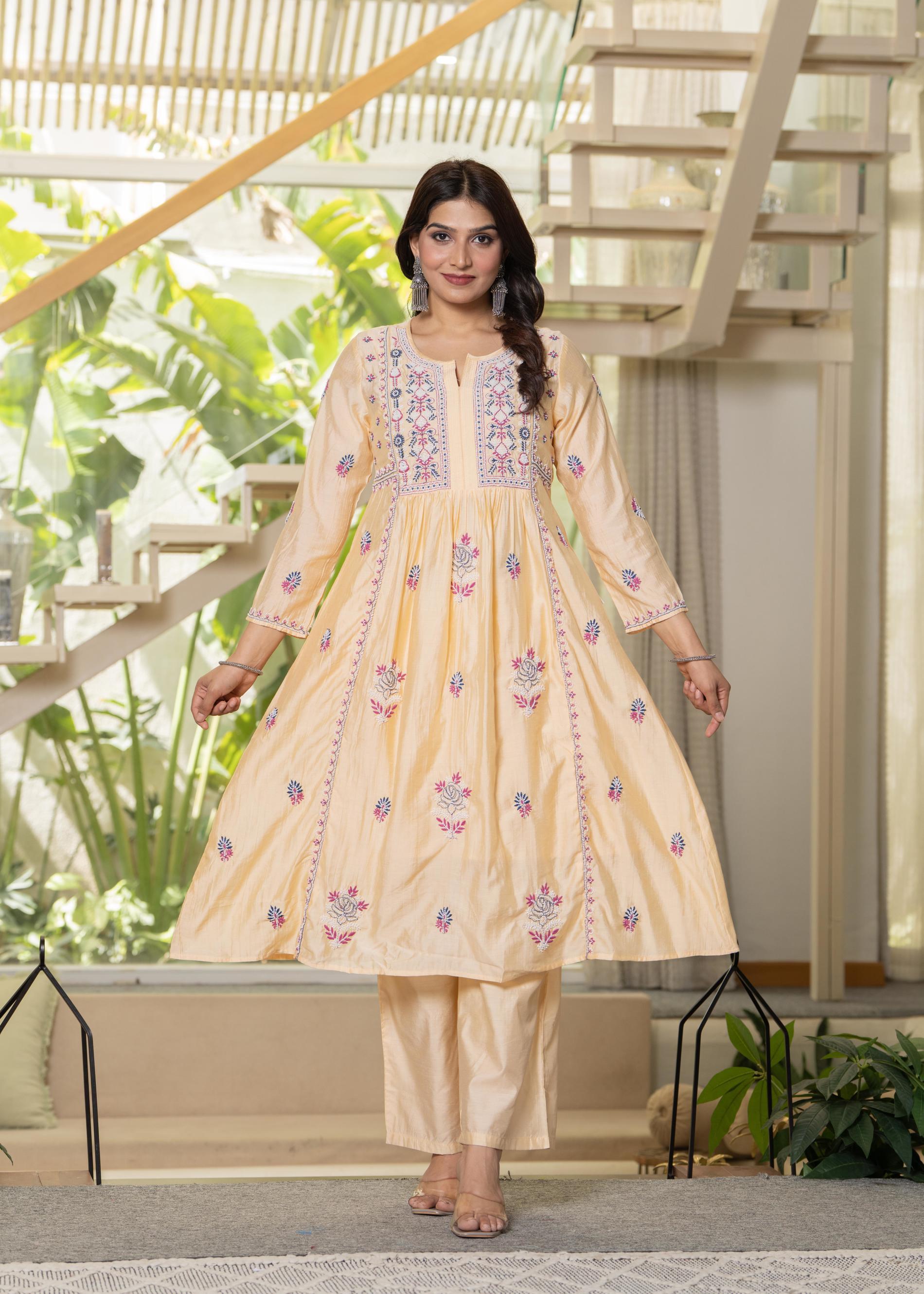 Yellow Embroidered Flared Kurta Set with Dupatta