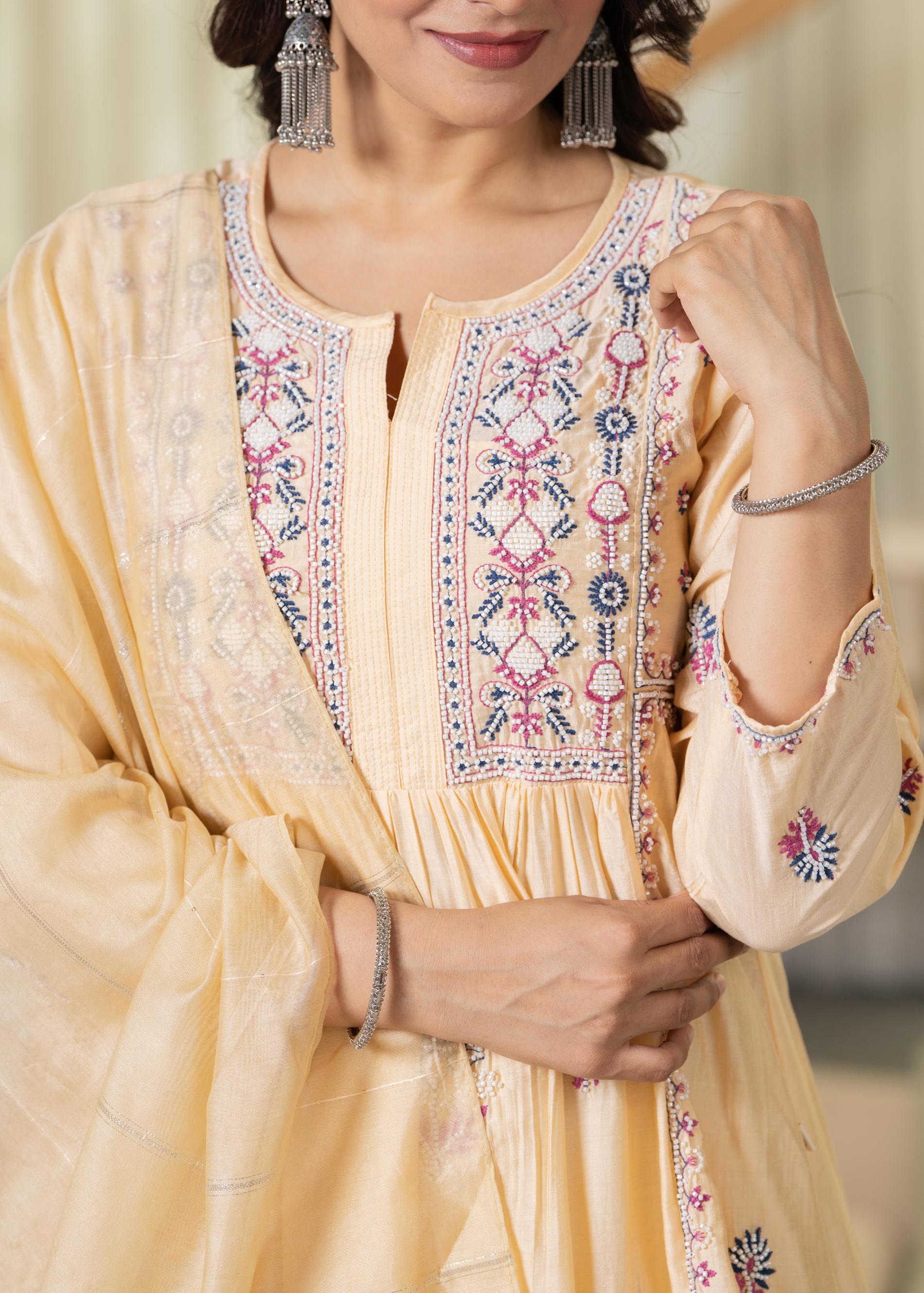 Yellow Embroidered Flared Kurta Set with Dupatta