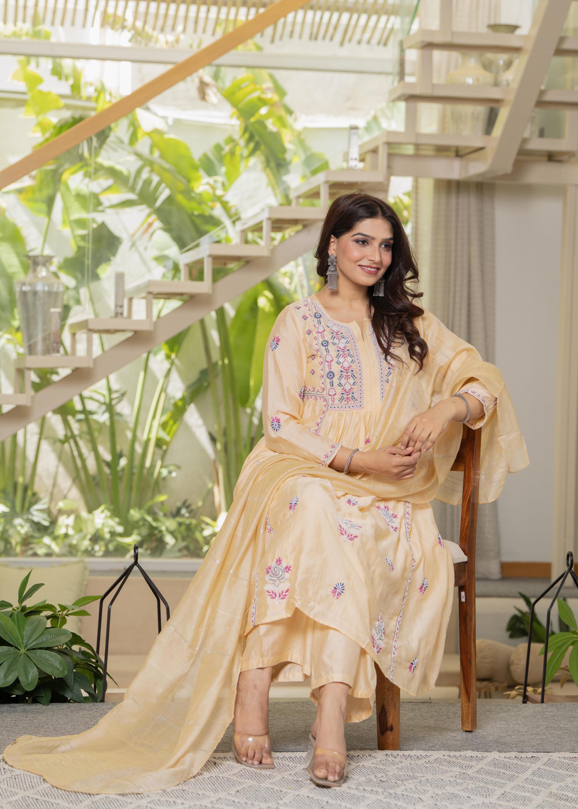 Yellow Embroidered Flared Kurta Set with Dupatta