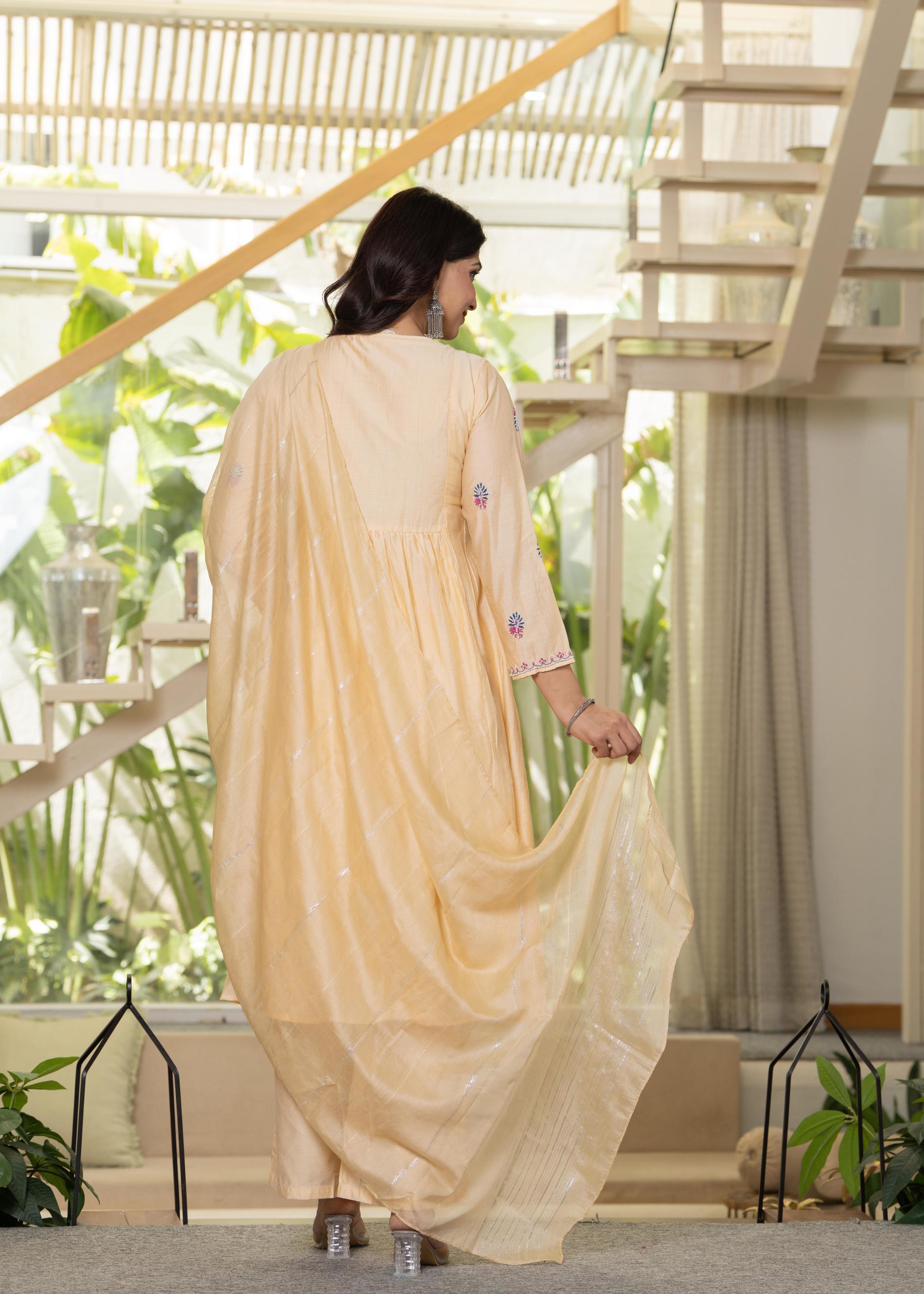 Yellow Embroidered Flared Kurta Set with Dupatta