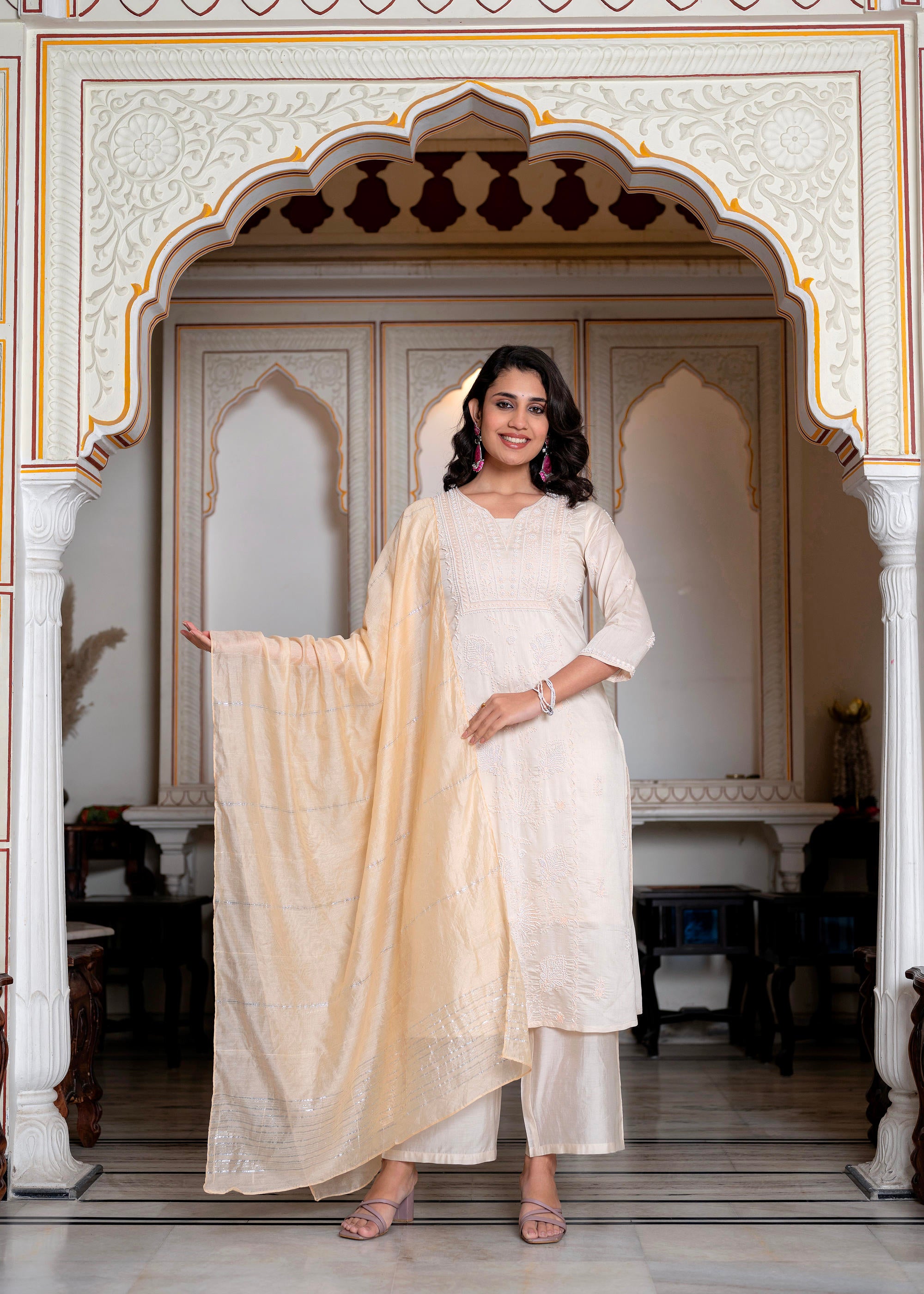 Peach Chanderi Kurta-Pant & Dupatta Set with Bead & Floral Thread Work