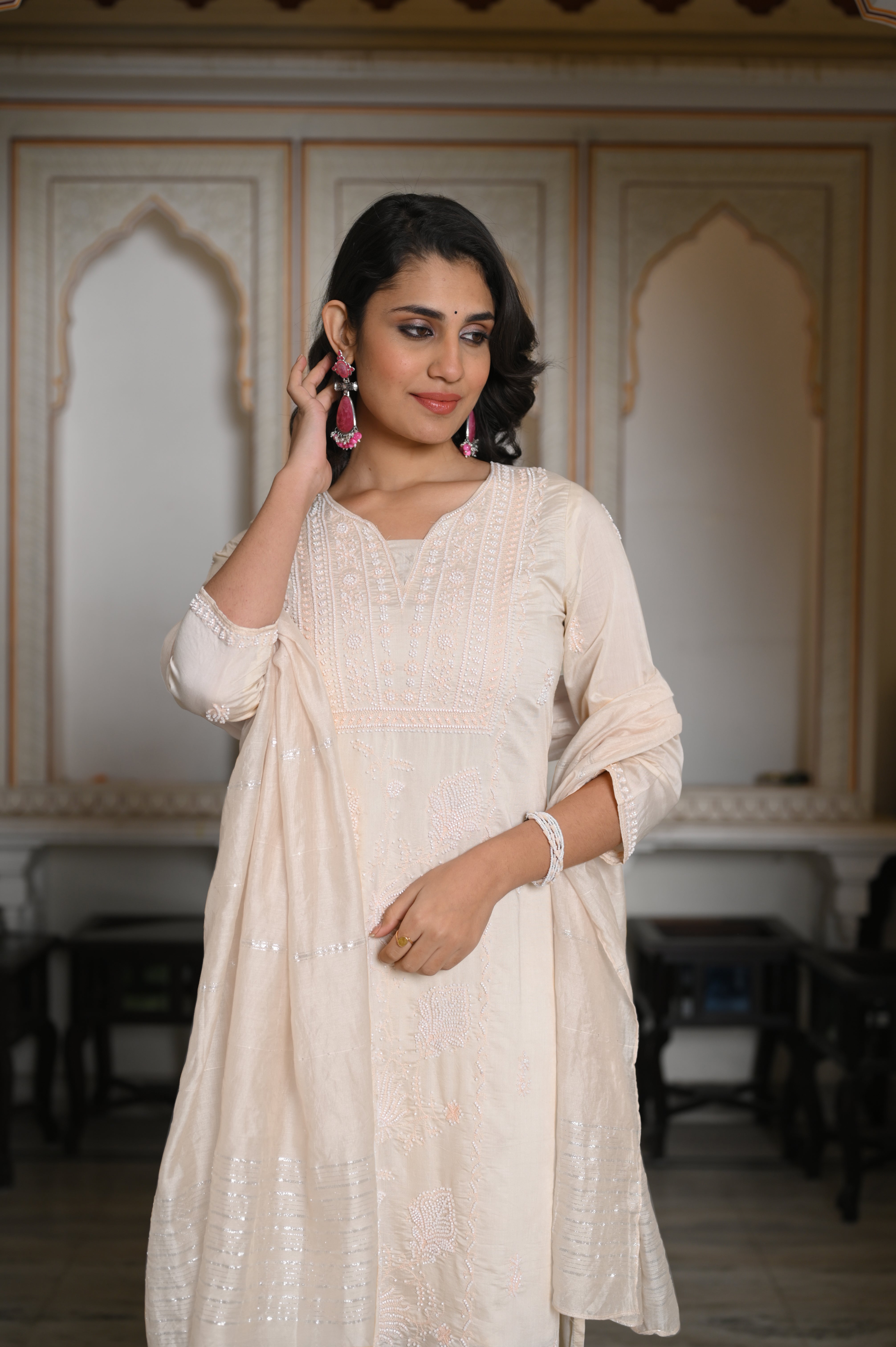 Peach Chanderi Kurta-Pant & Dupatta Set with Bead & Floral Thread Work