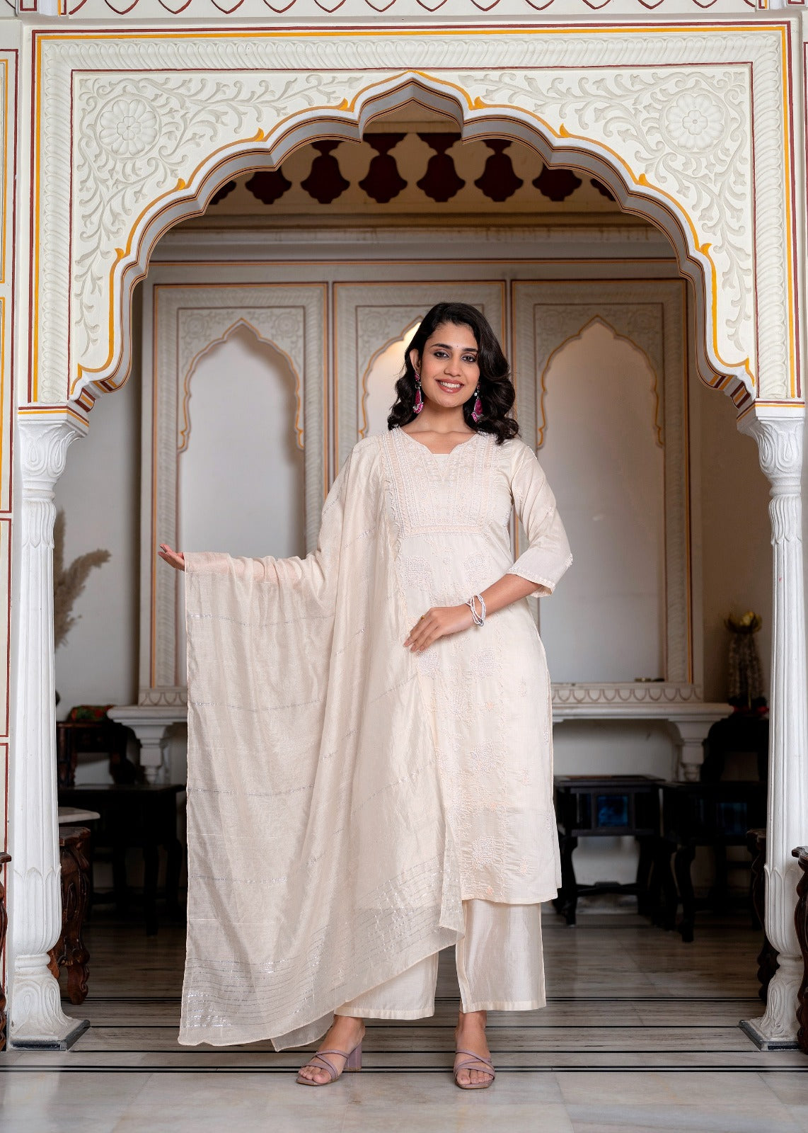 Peach Chanderi Kurta-Pant & Dupatta Set with Bead & Floral Thread Work