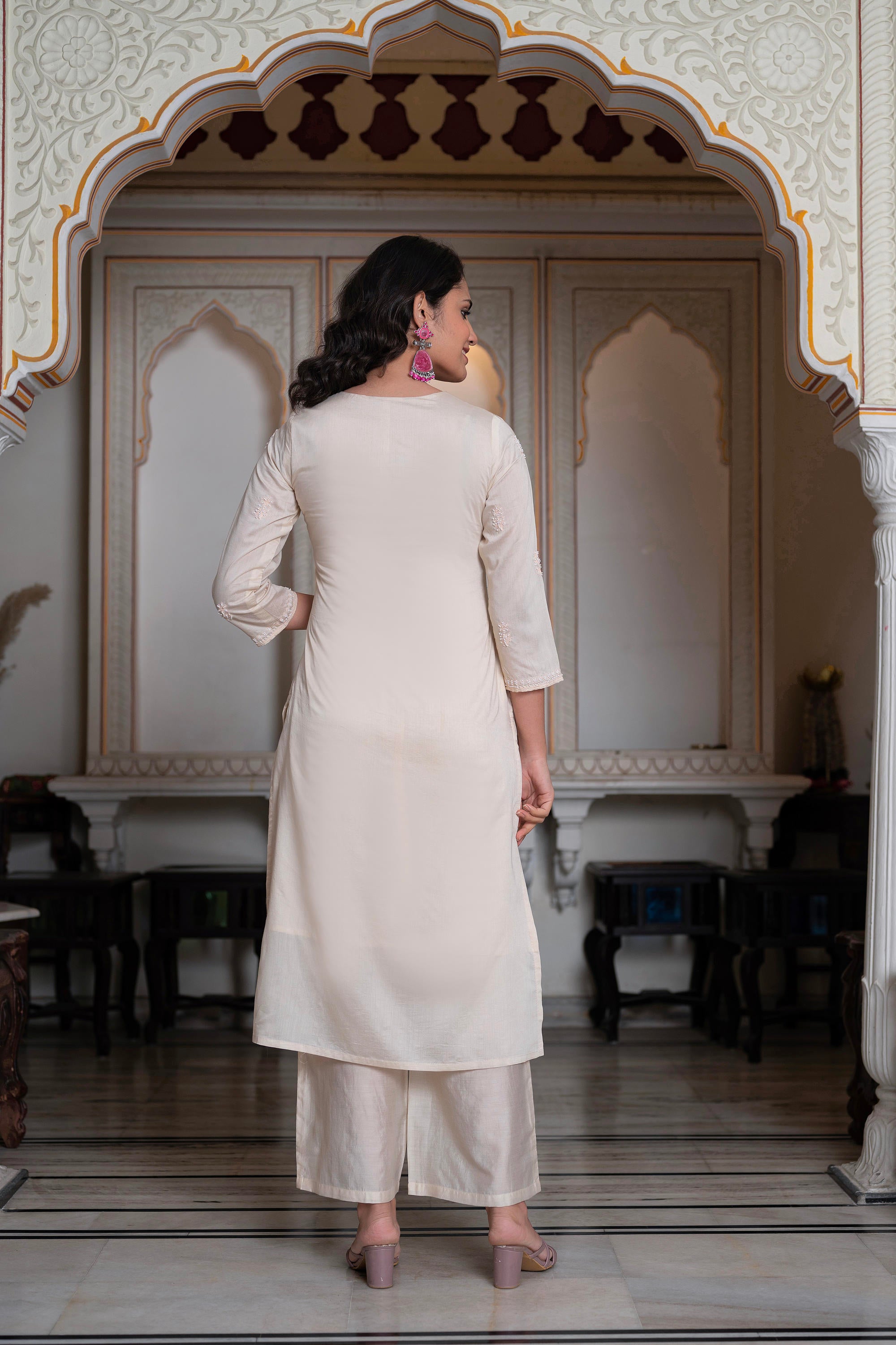 Peach Chanderi Kurta-Pant & Dupatta Set with Bead & Floral Thread Work