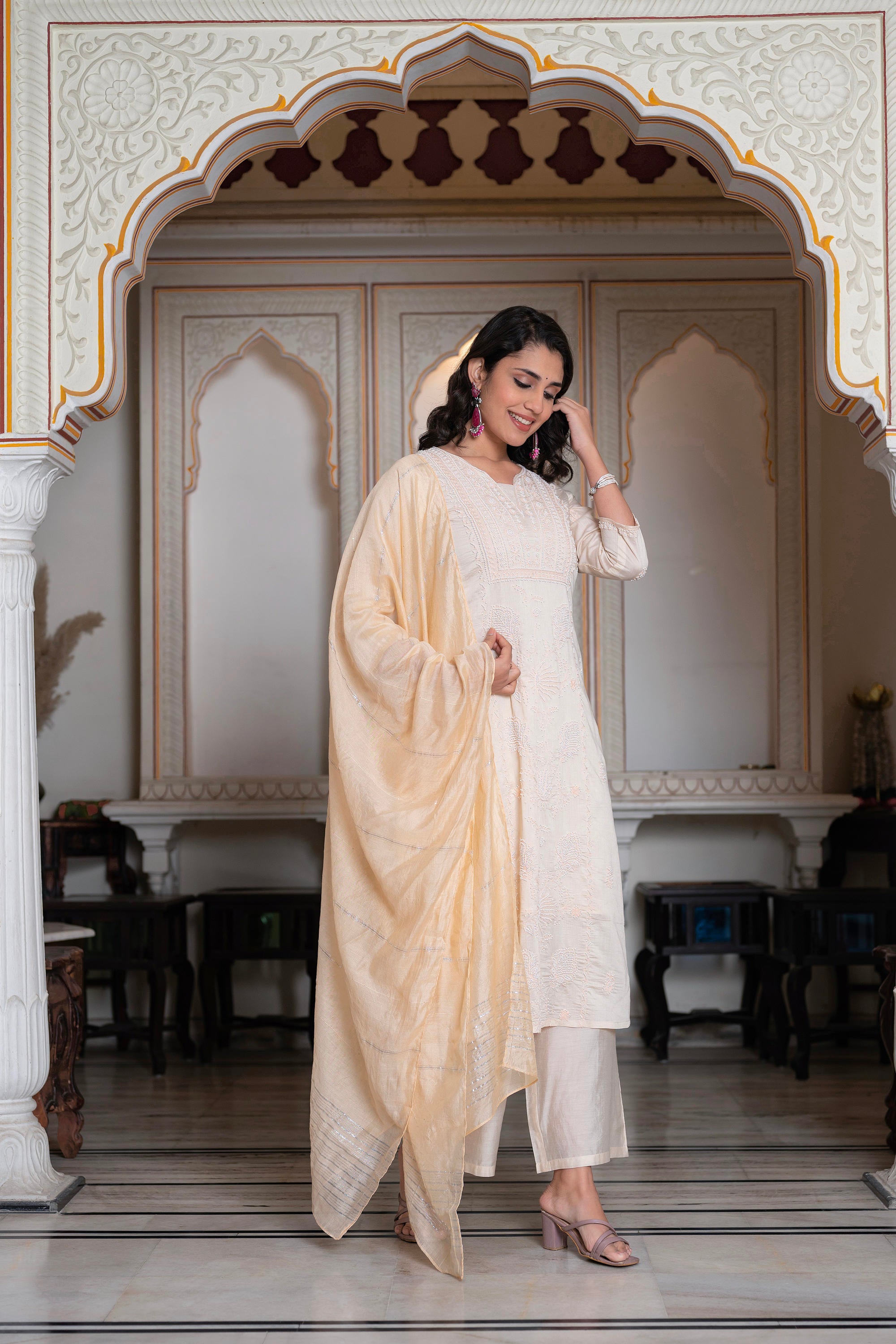 Peach Chanderi Kurta-Pant & Dupatta Set with Bead & Floral Thread Work