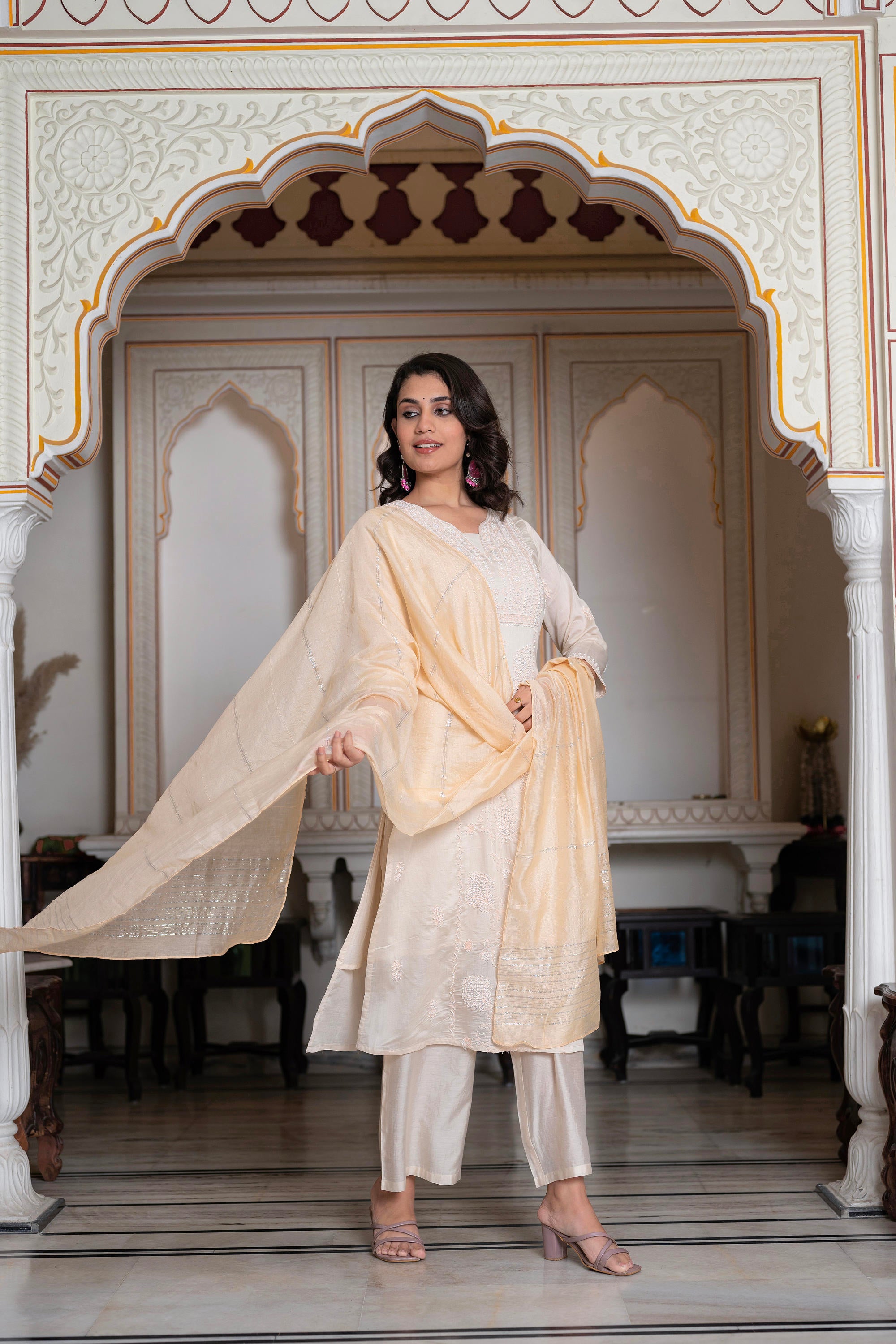 Peach Chanderi Kurta-Pant & Dupatta Set with Bead & Floral Thread Work