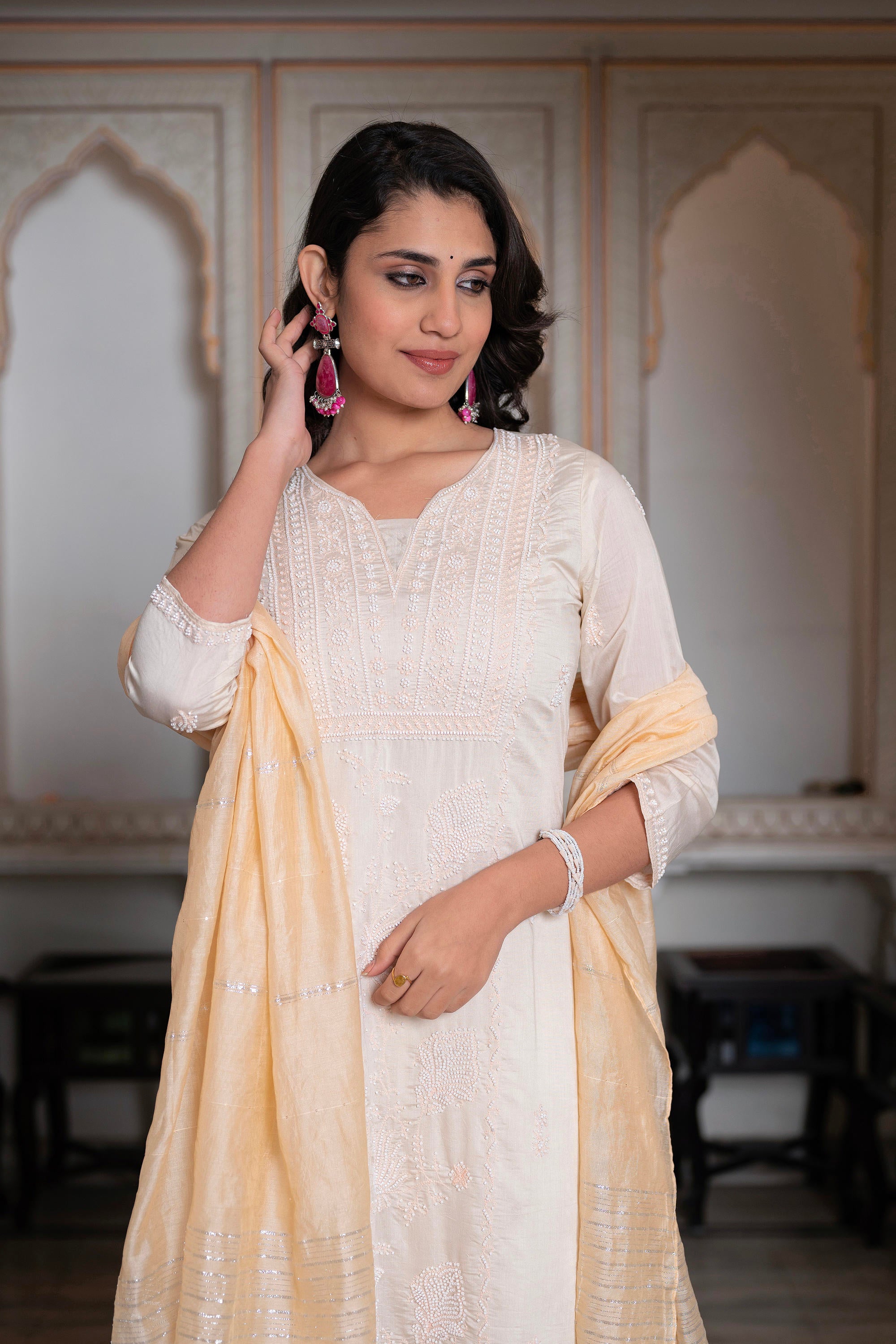 Peach Chanderi Kurta-Pant & Dupatta Set with Bead & Floral Thread Work