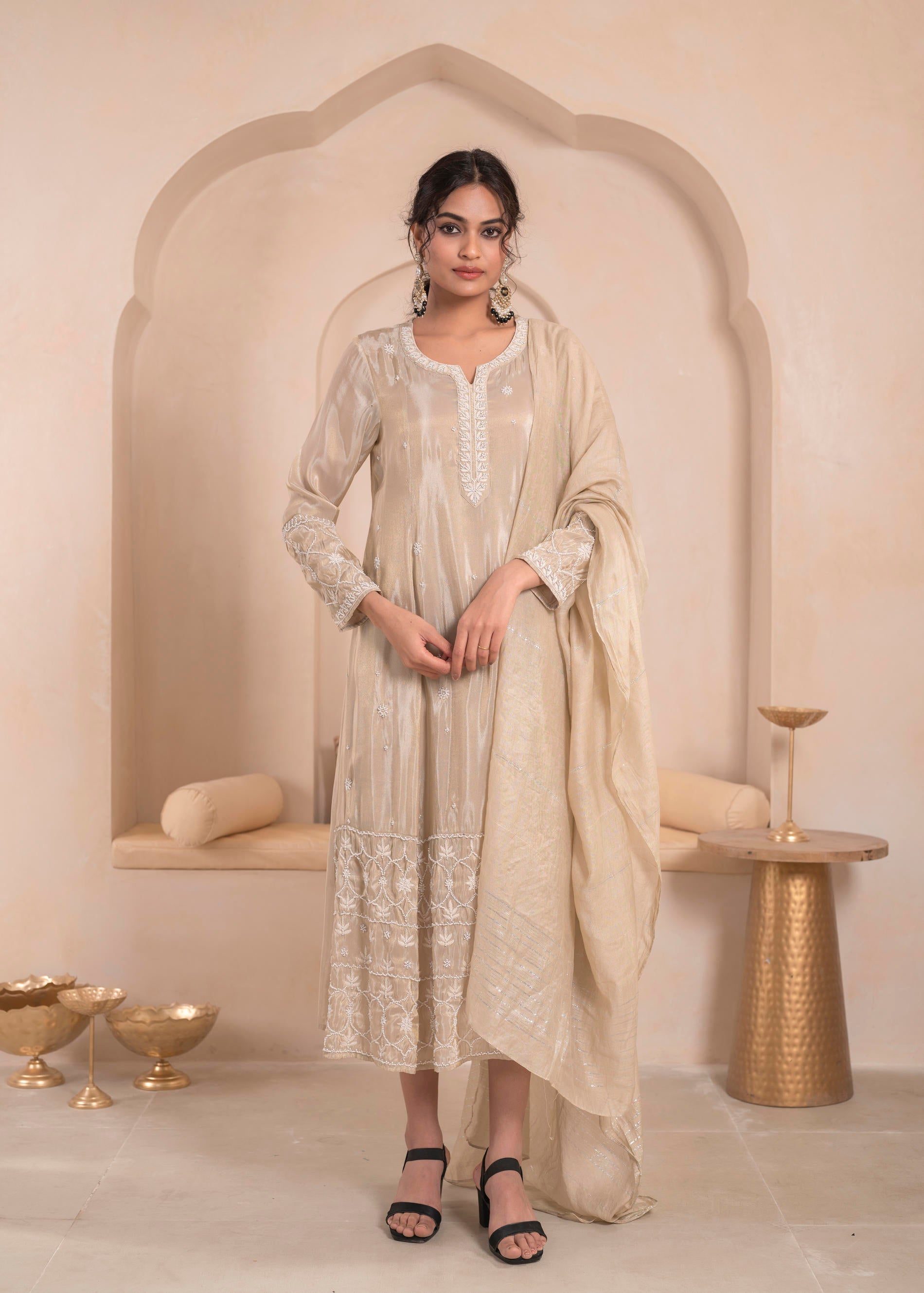 Embroidered Dress with Subtle Shimmer and Dupatta