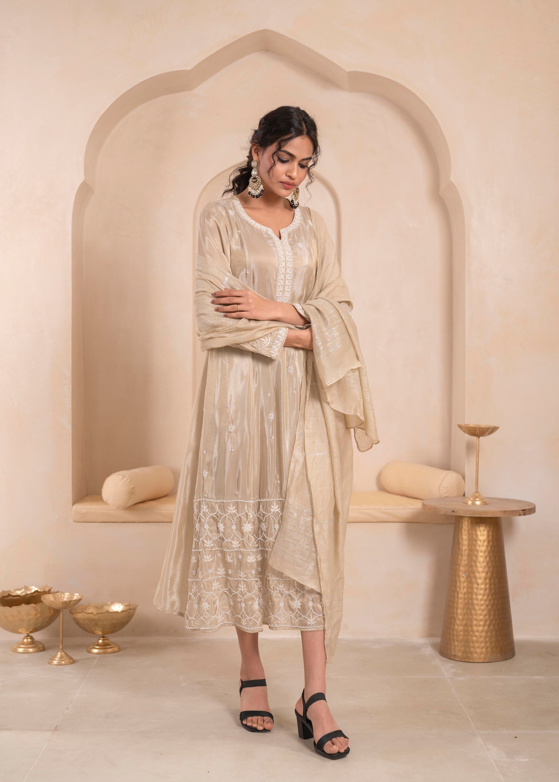 Embroidered Dress with Subtle Shimmer and Dupatta