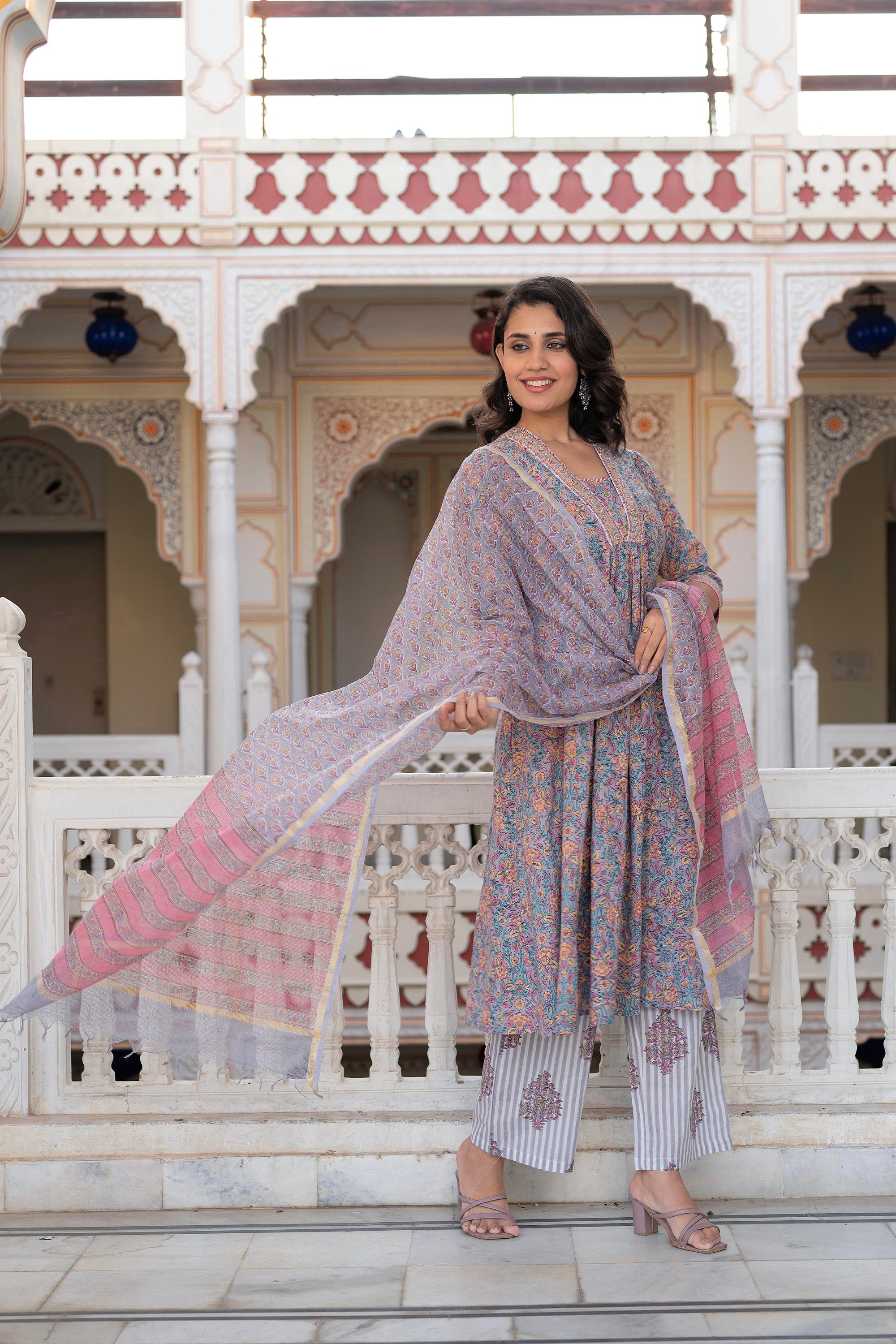 Lavender Cotton Flared Kurta-Pant & Dupatta Set with Floral Print, Thread Work, Lace & Sequins