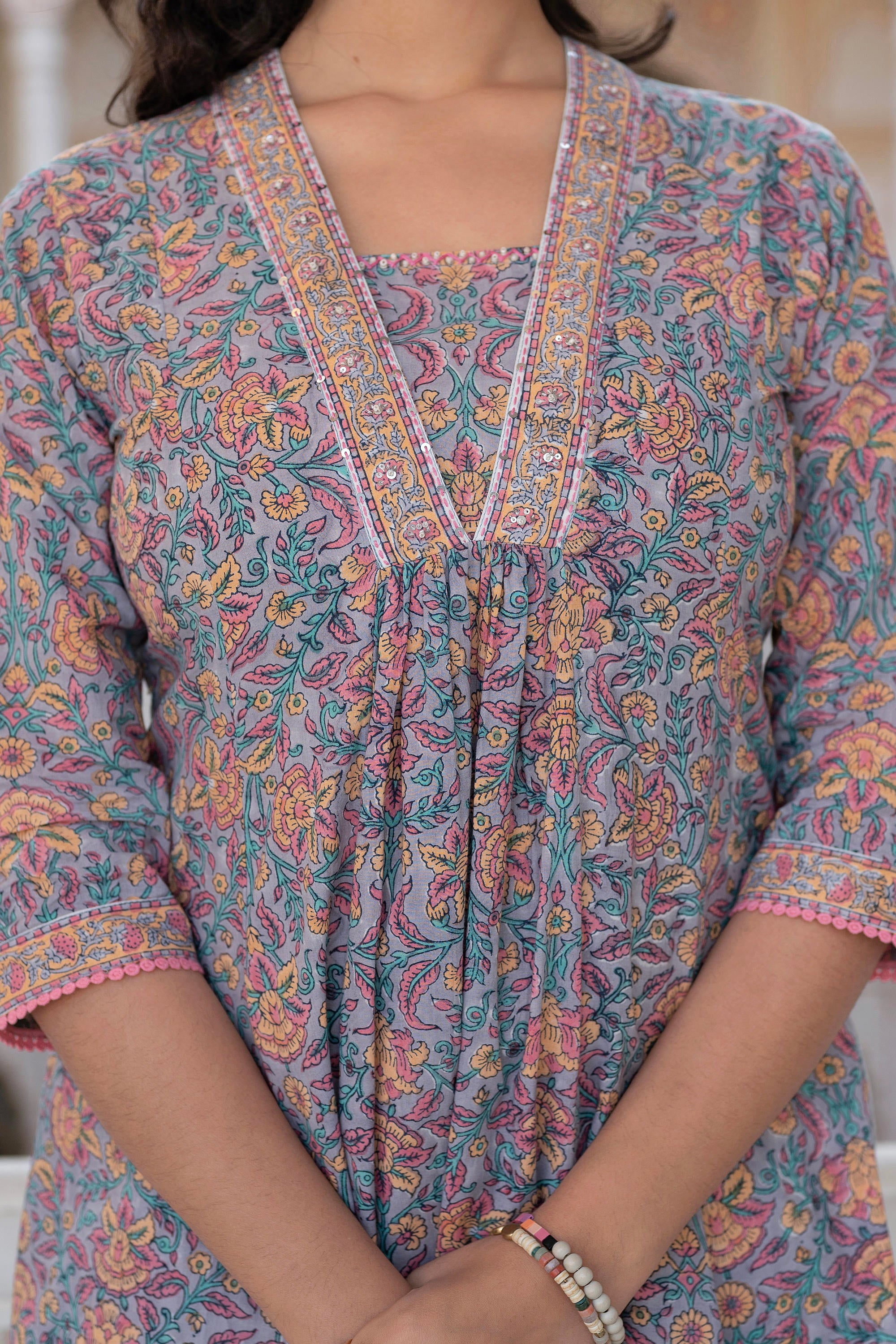 Lavender Cotton Flared Kurta-Pant & Dupatta Set with Floral Print, Thread Work, Lace & Sequins