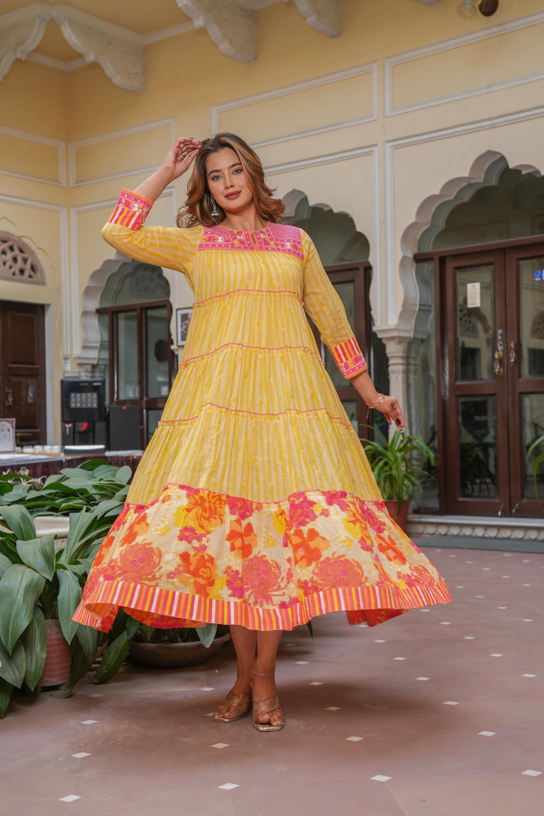 Mustard Flared Panelled Dress with Printed Floral Hem and Yoke Embroidery