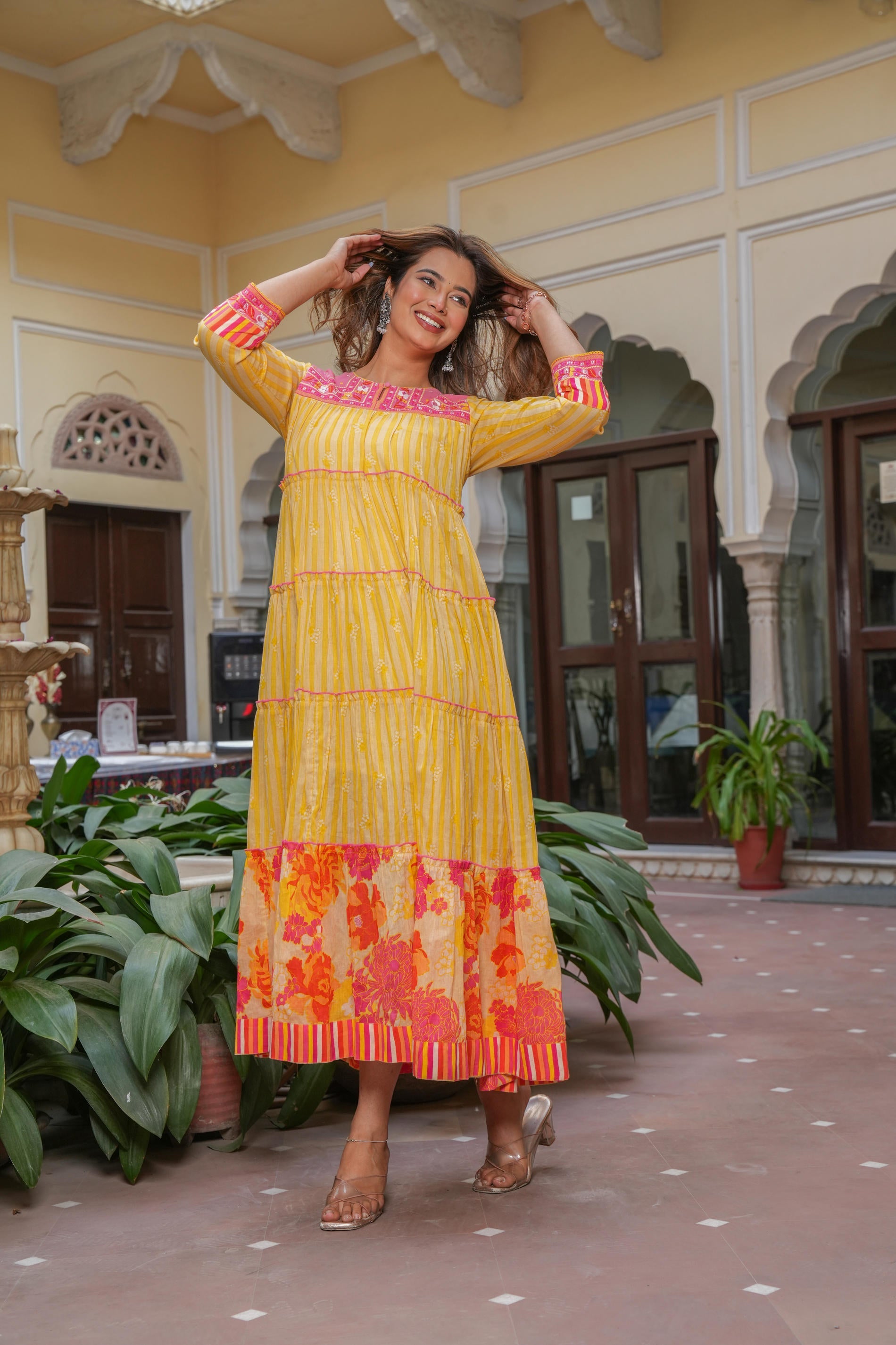 Mustard Flared Panelled Dress with Printed Floral Hem and Yoke Embroidery