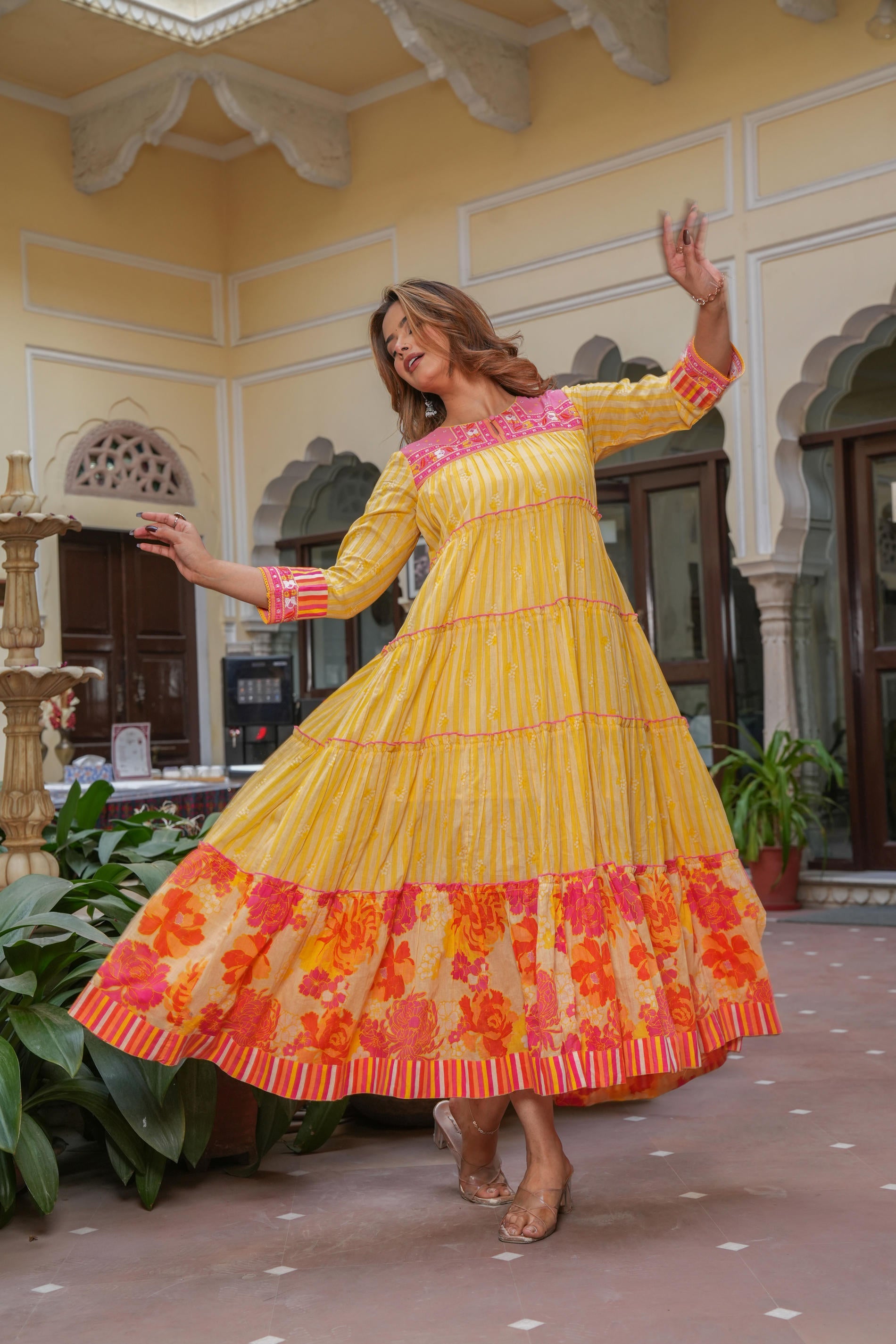 Mustard Flared Panelled Dress with Printed Floral Hem and Yoke Embroidery