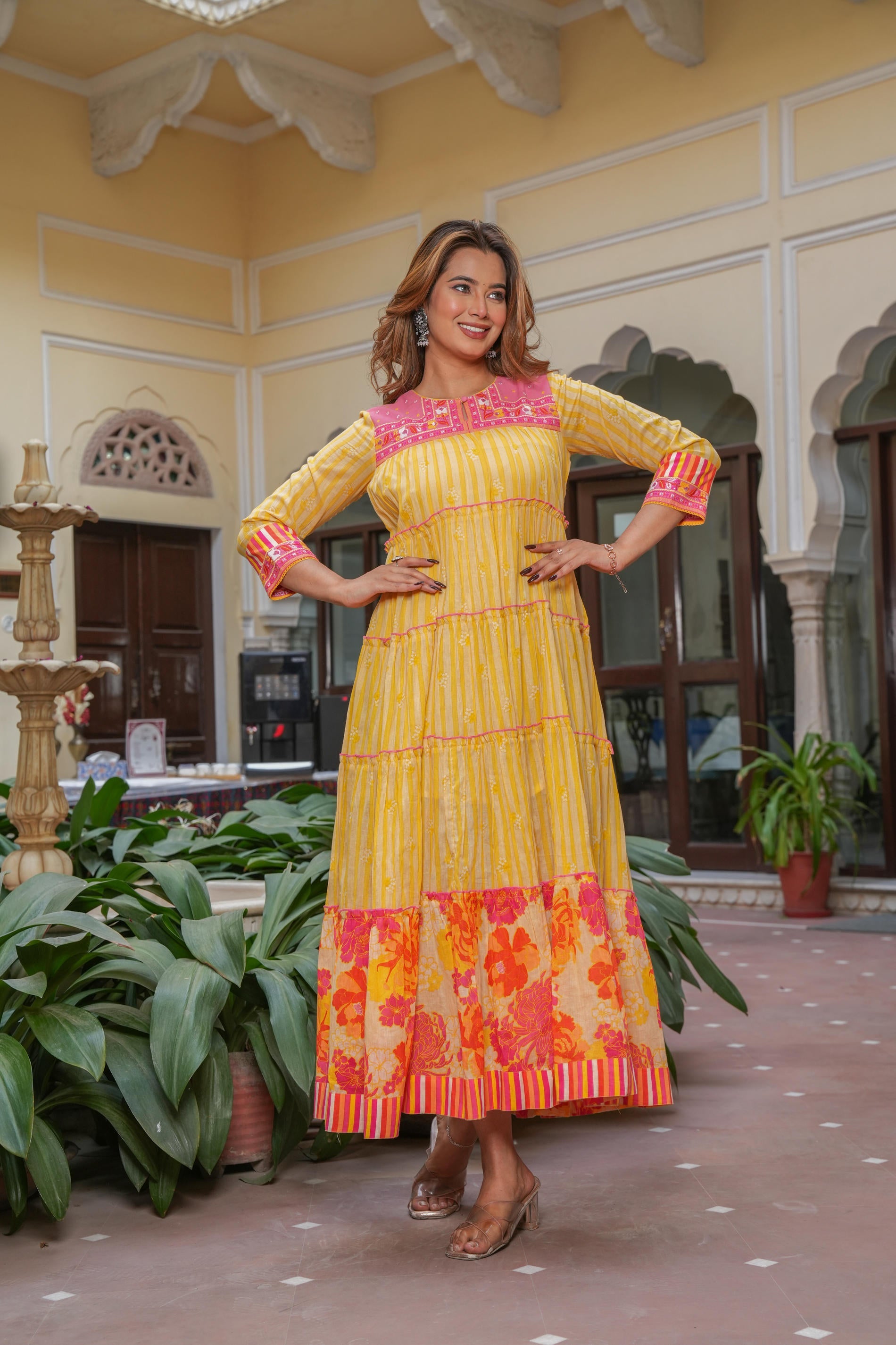 Mustard Flared Panelled Dress with Printed Floral Hem and Yoke Embroidery