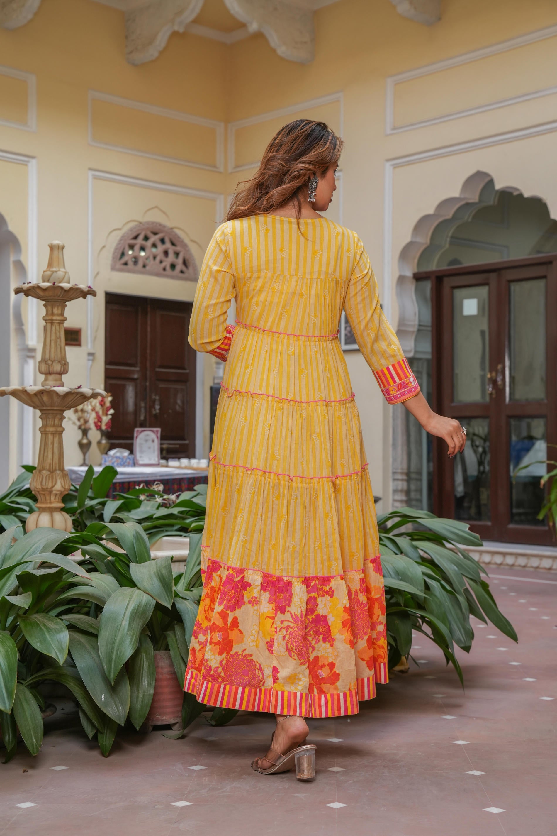 Mustard Flared Panelled Dress with Printed Floral Hem and Yoke Embroidery