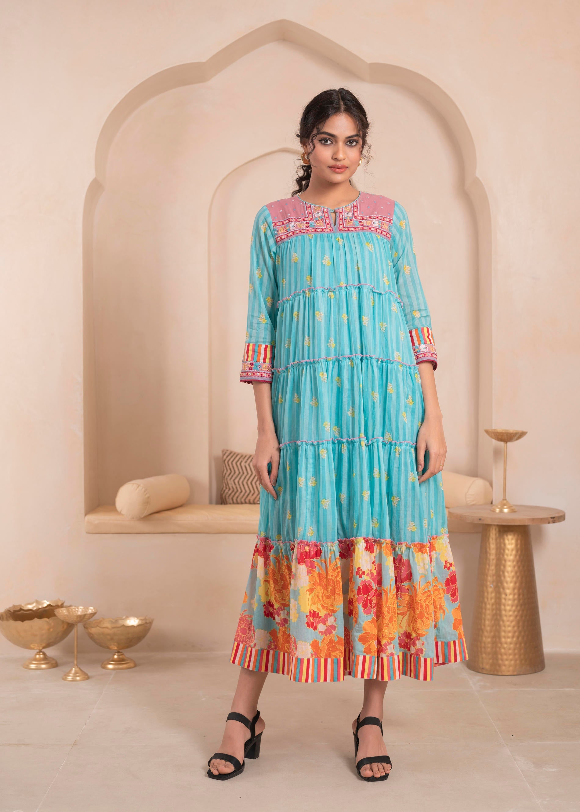 Skyblue Flared Panelled Dress with Printed Floral Hem and Yoke Embroidery