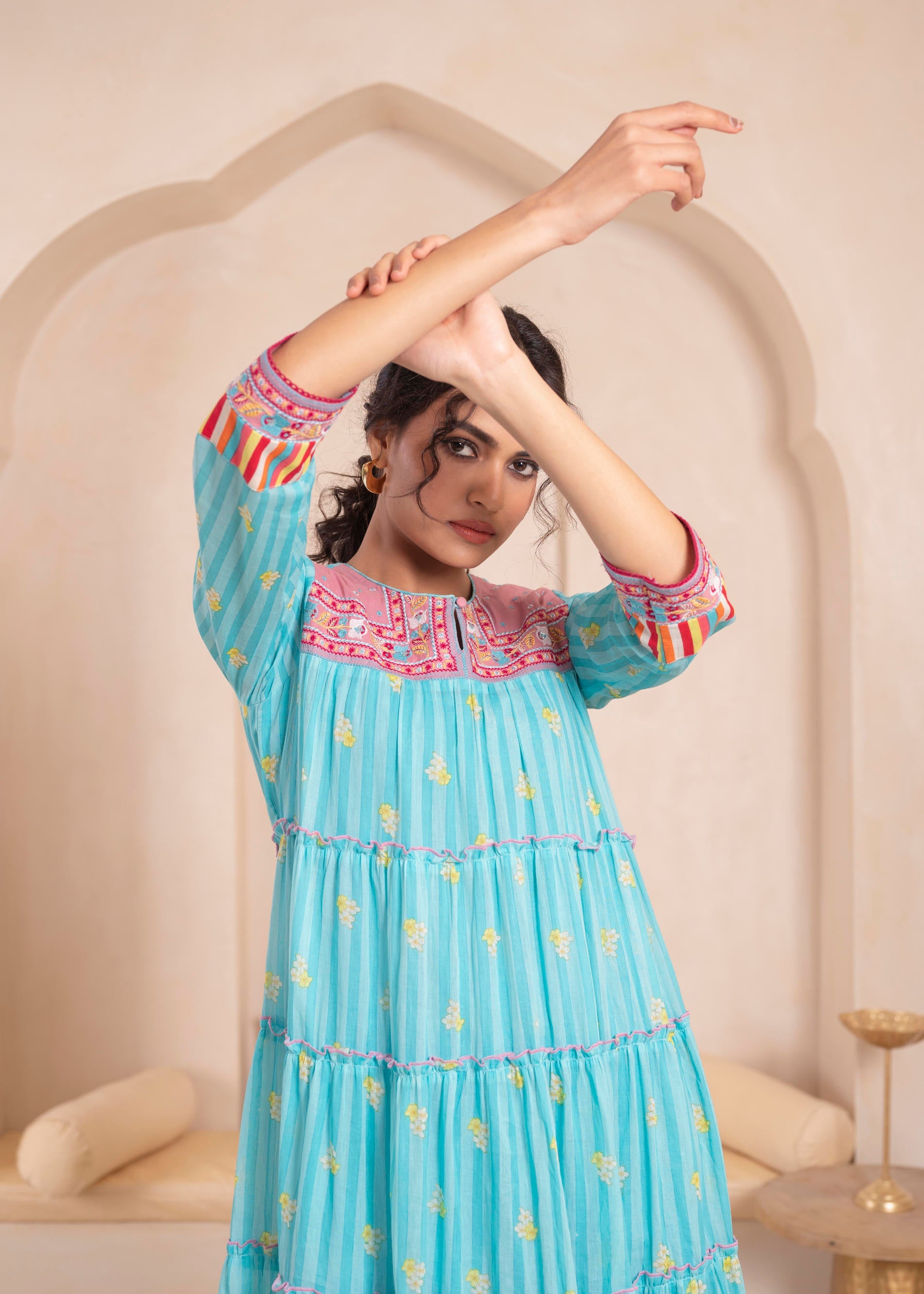 Skyblue Flared Panelled Dress with Printed Floral Hem and Yoke Embroidery