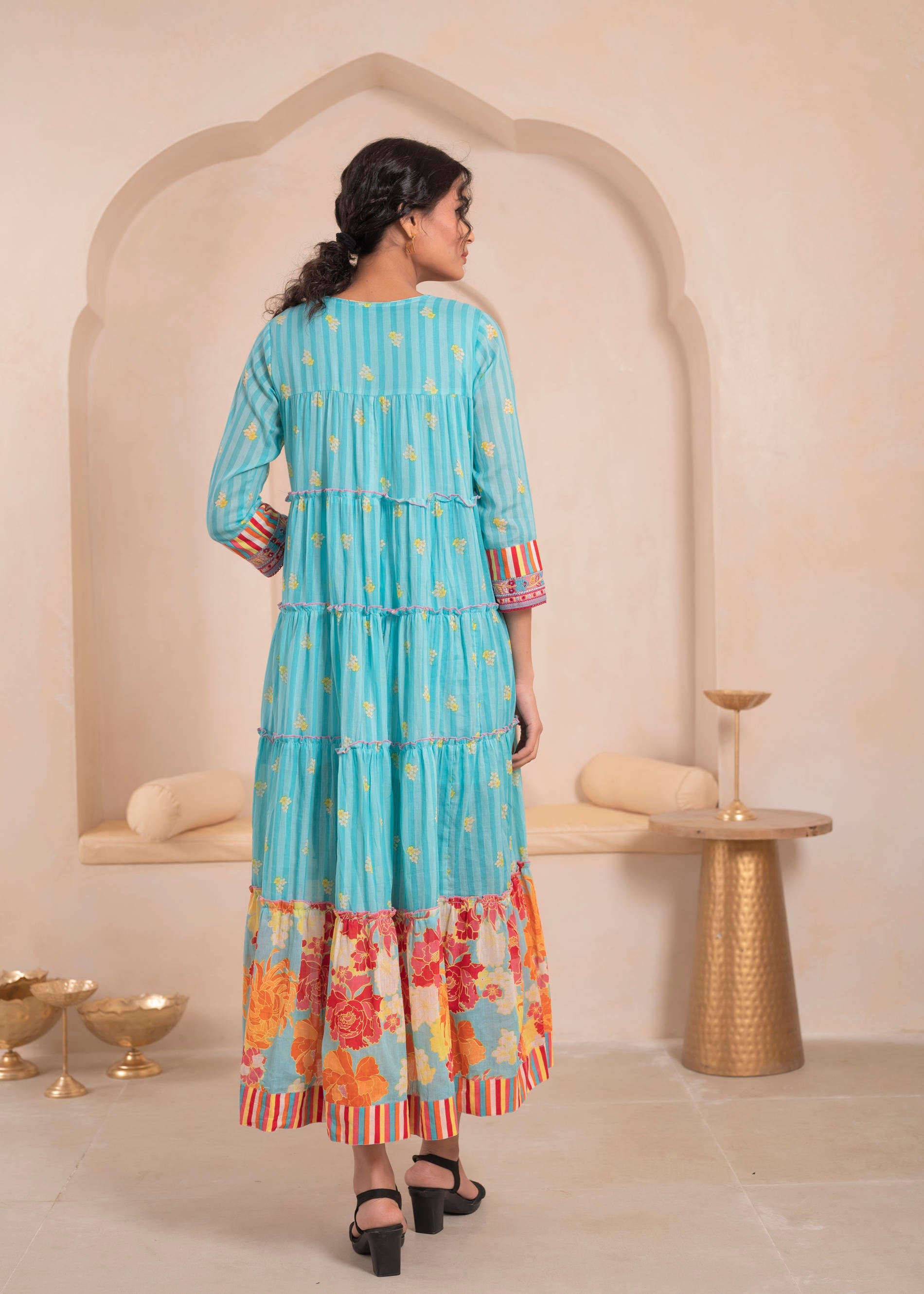Skyblue Flared Panelled Dress with Printed Floral Hem and Yoke Embroidery