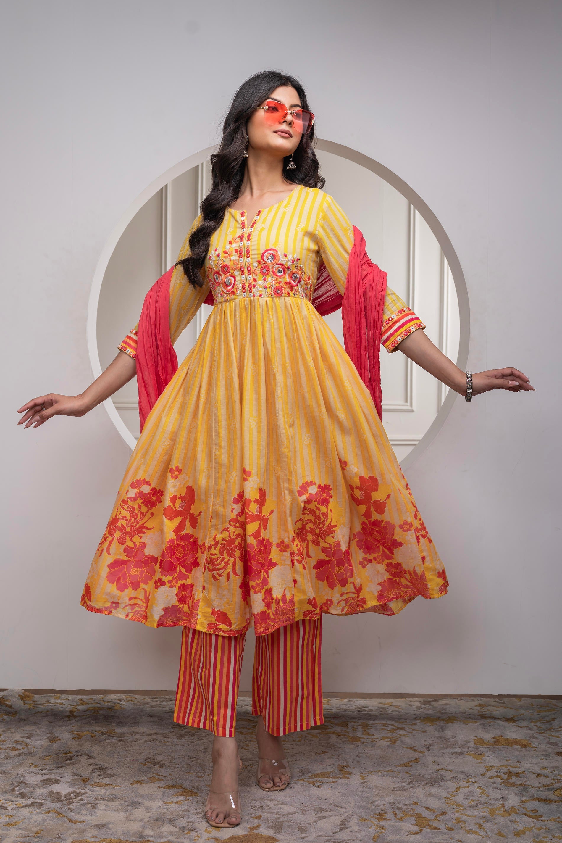 Mustard Cotton Kurta Pant & Chiffon Dupatta Set with Embroidered Floral Thread & Mirror Work