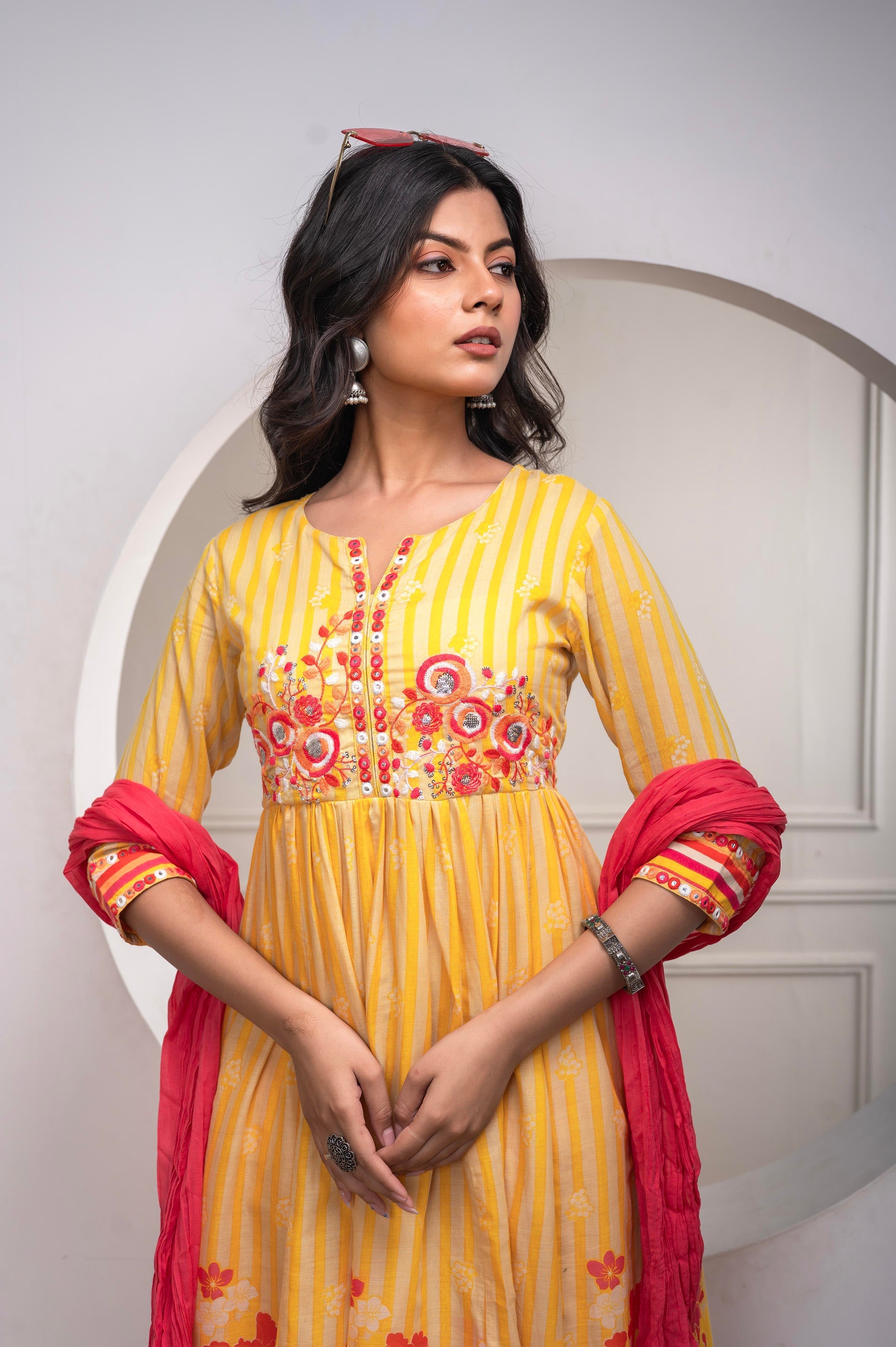 Mustard Cotton Kurta Pant & Chiffon Dupatta Set with Embroidered Floral Thread & Mirror Work