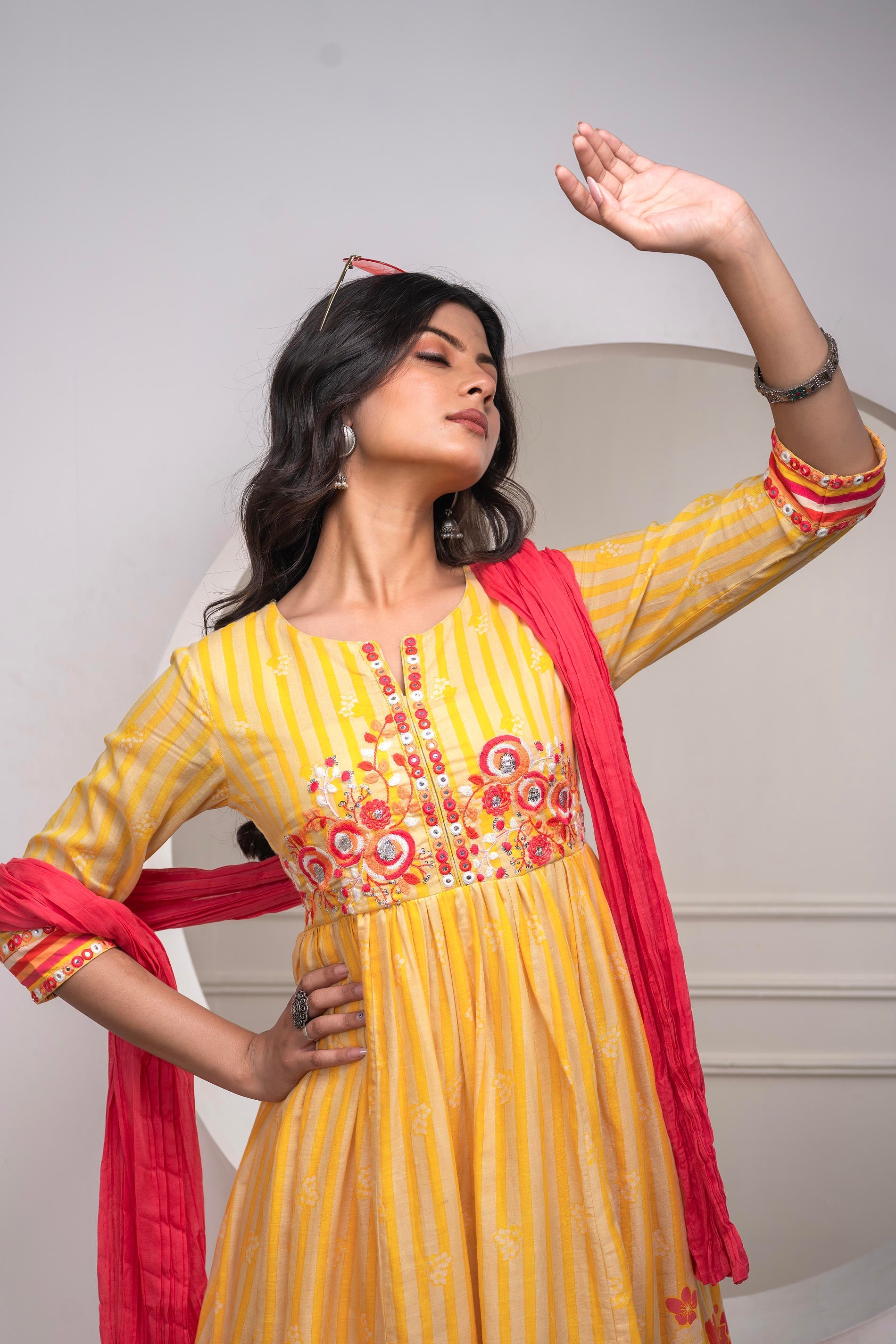 Mustard Cotton Kurta Pant & Chiffon Dupatta Set with Embroidered Floral Thread & Mirror Work