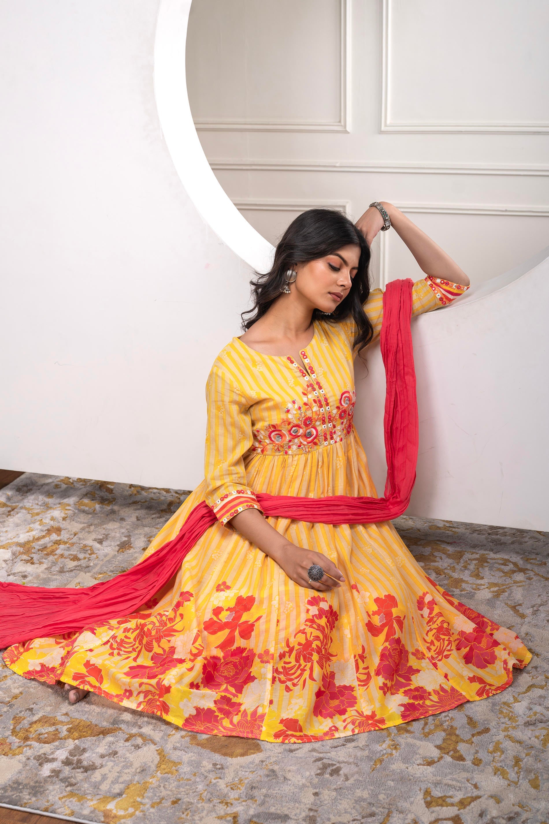 Mustard Cotton Kurta Pant & Chiffon Dupatta Set with Embroidered Floral Thread & Mirror Work