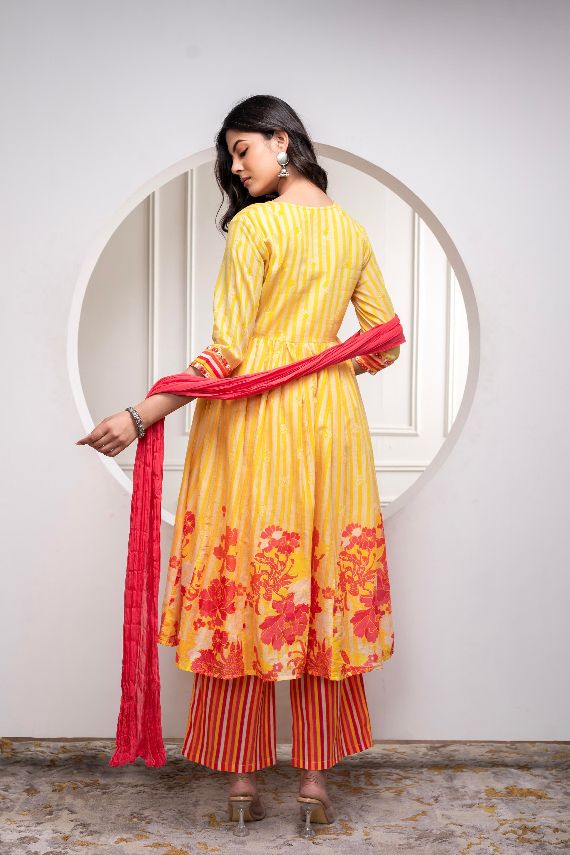 Mustard Cotton Kurta Pant & Chiffon Dupatta Set with Embroidered Floral Thread & Mirror Work