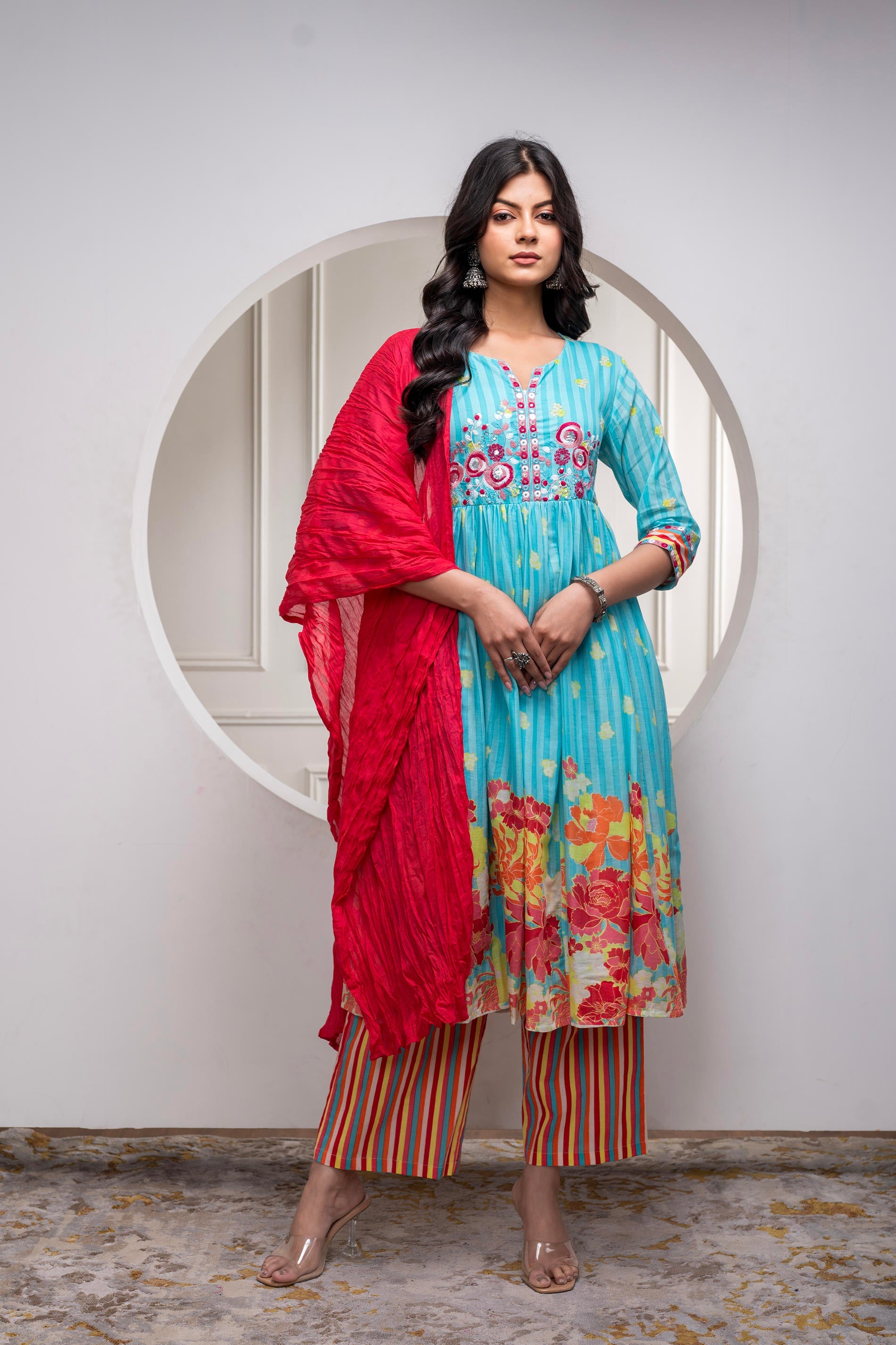 Skyblue Cotton Kurta Pant & Chiffon Dupatta Set with Embroidered Floral Thread & Mirror Work