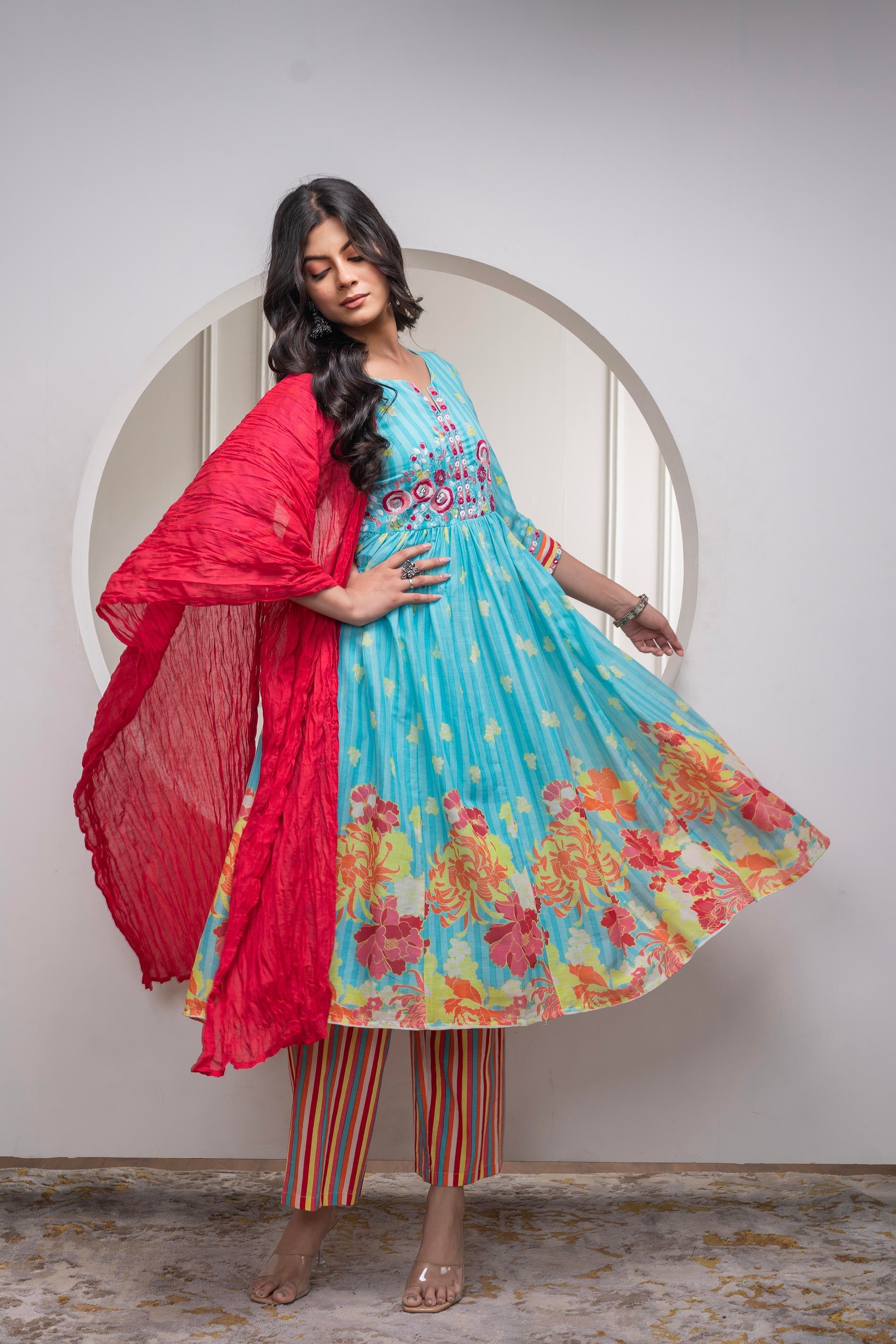 Skyblue Cotton Kurta Pant & Chiffon Dupatta Set with Embroidered Floral Thread & Mirror Work