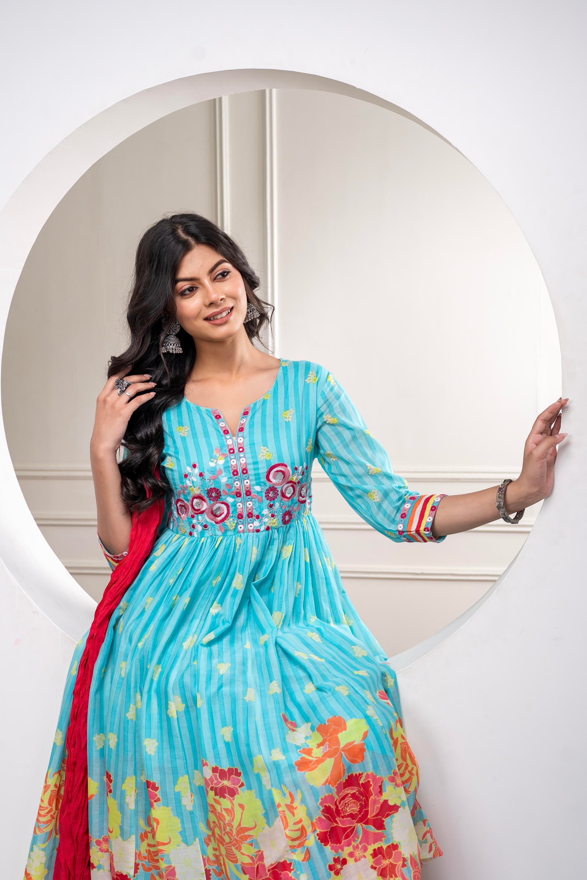 Skyblue Cotton Kurta Pant & Chiffon Dupatta Set with Embroidered Floral Thread & Mirror Work