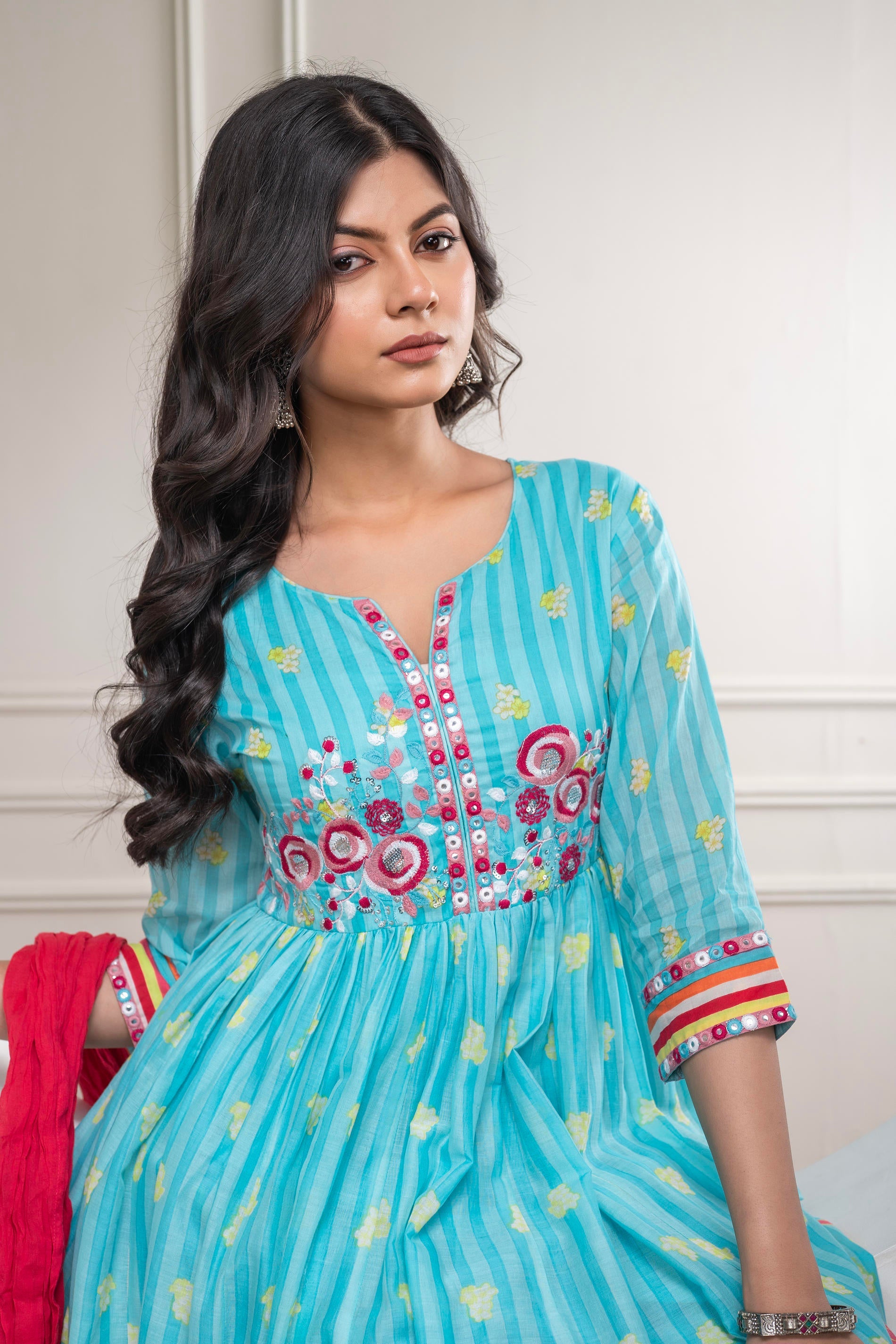 Skyblue Cotton Kurta Pant & Chiffon Dupatta Set with Embroidered Floral Thread & Mirror Work