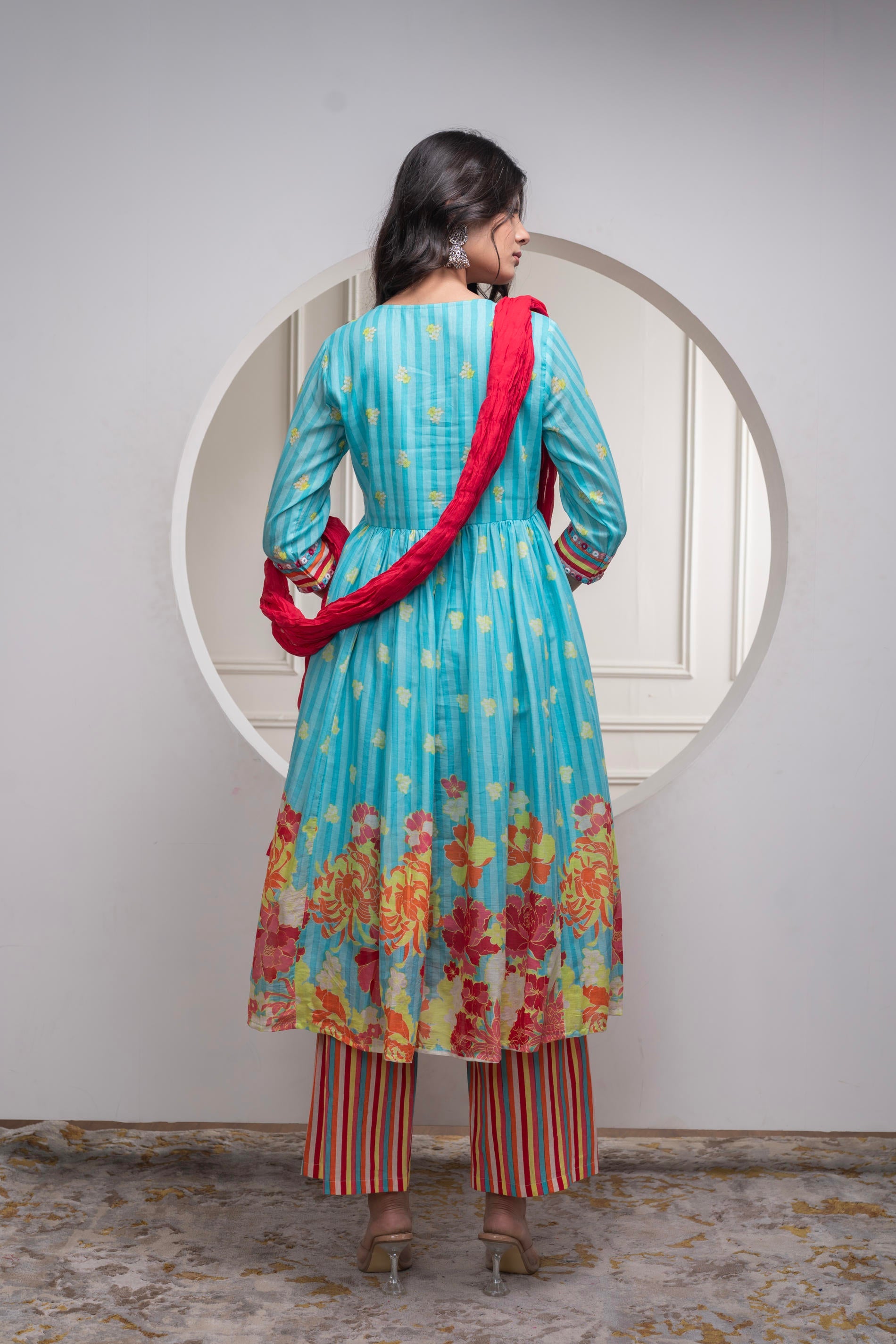 Skyblue Cotton Kurta Pant & Chiffon Dupatta Set with Embroidered Floral Thread & Mirror Work