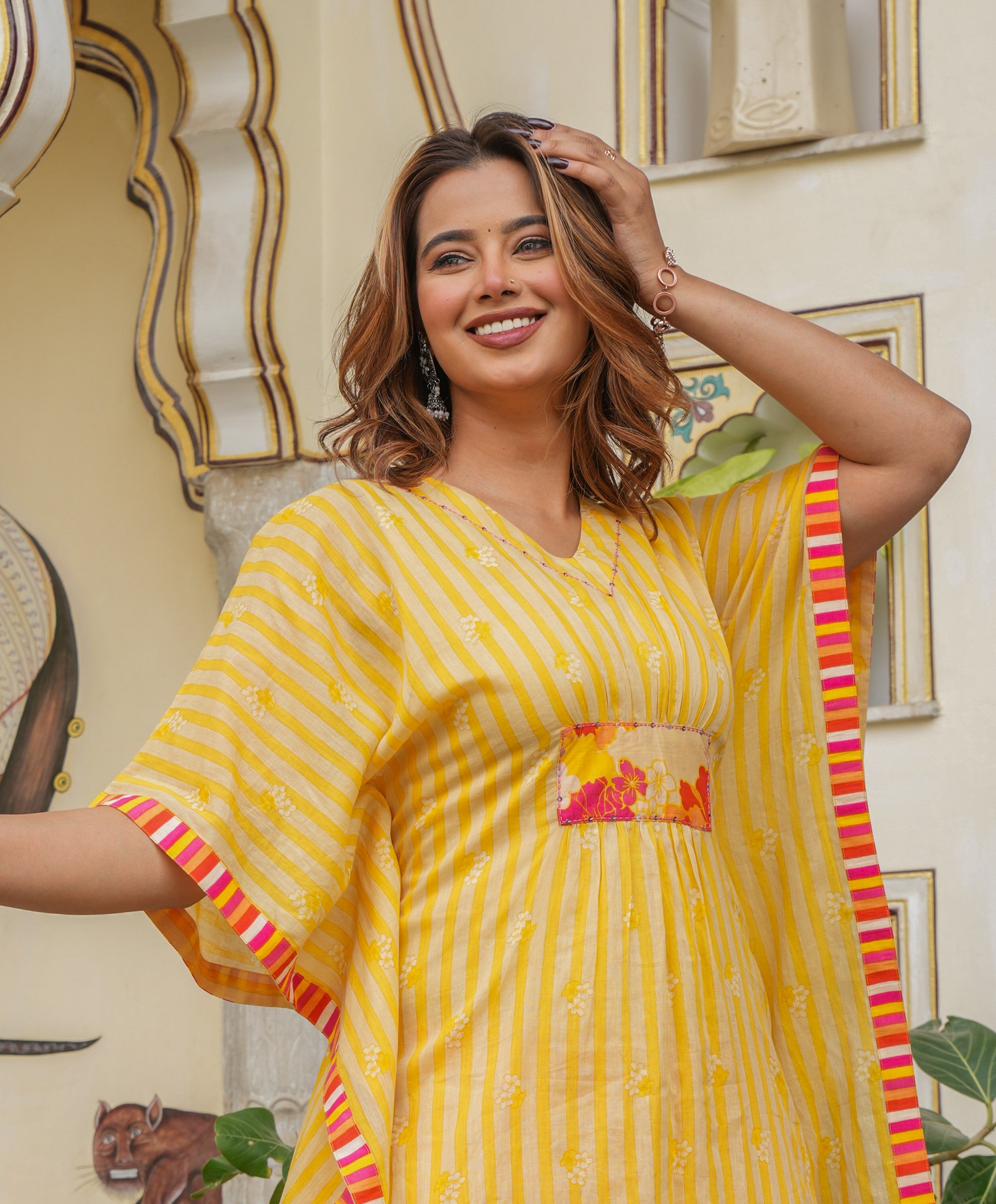 Women Mustard Kaftan & Pant Set