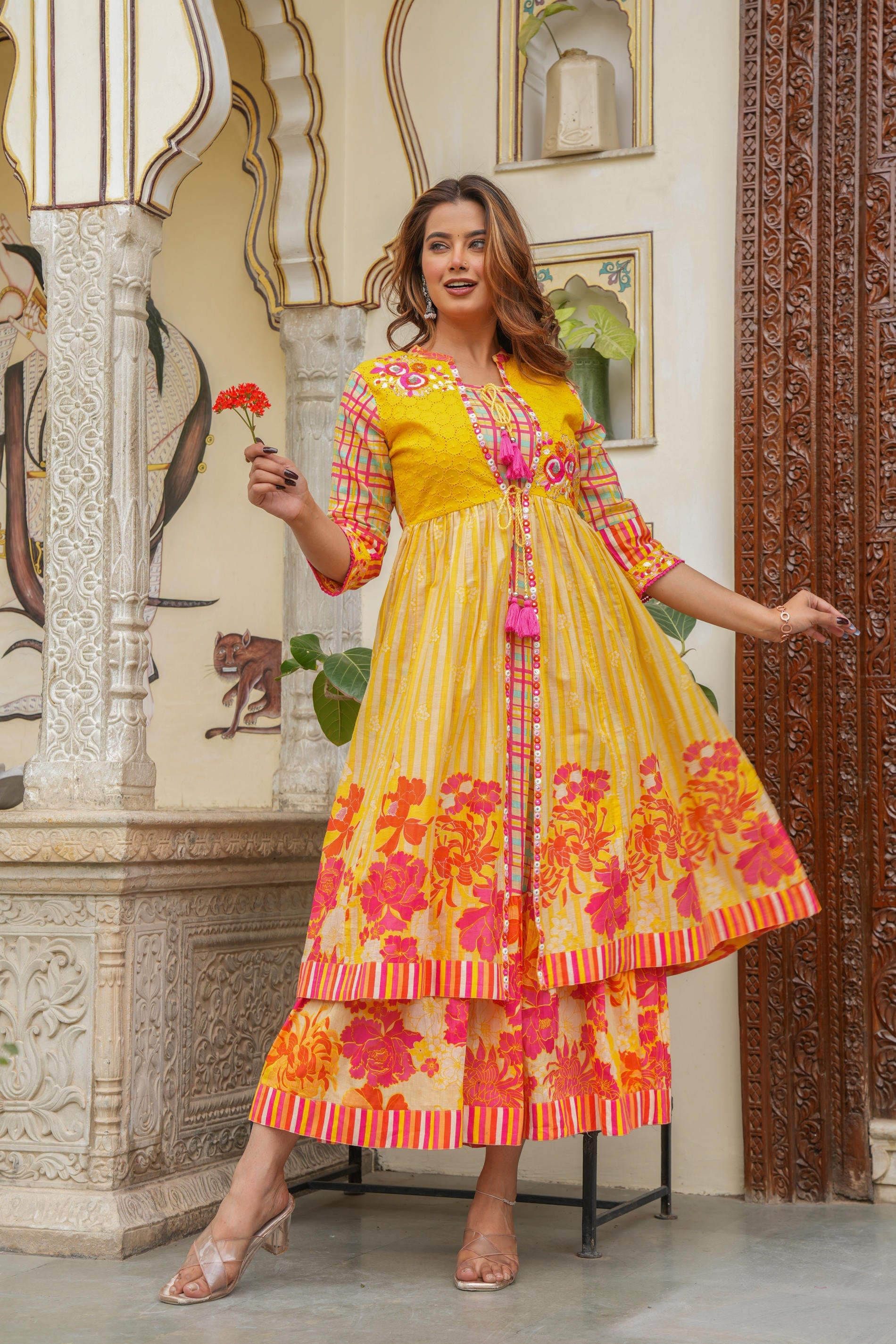 Mustard Layered Flared Dress With Inner with Sequins, Mirror Work, Dori, tassels.