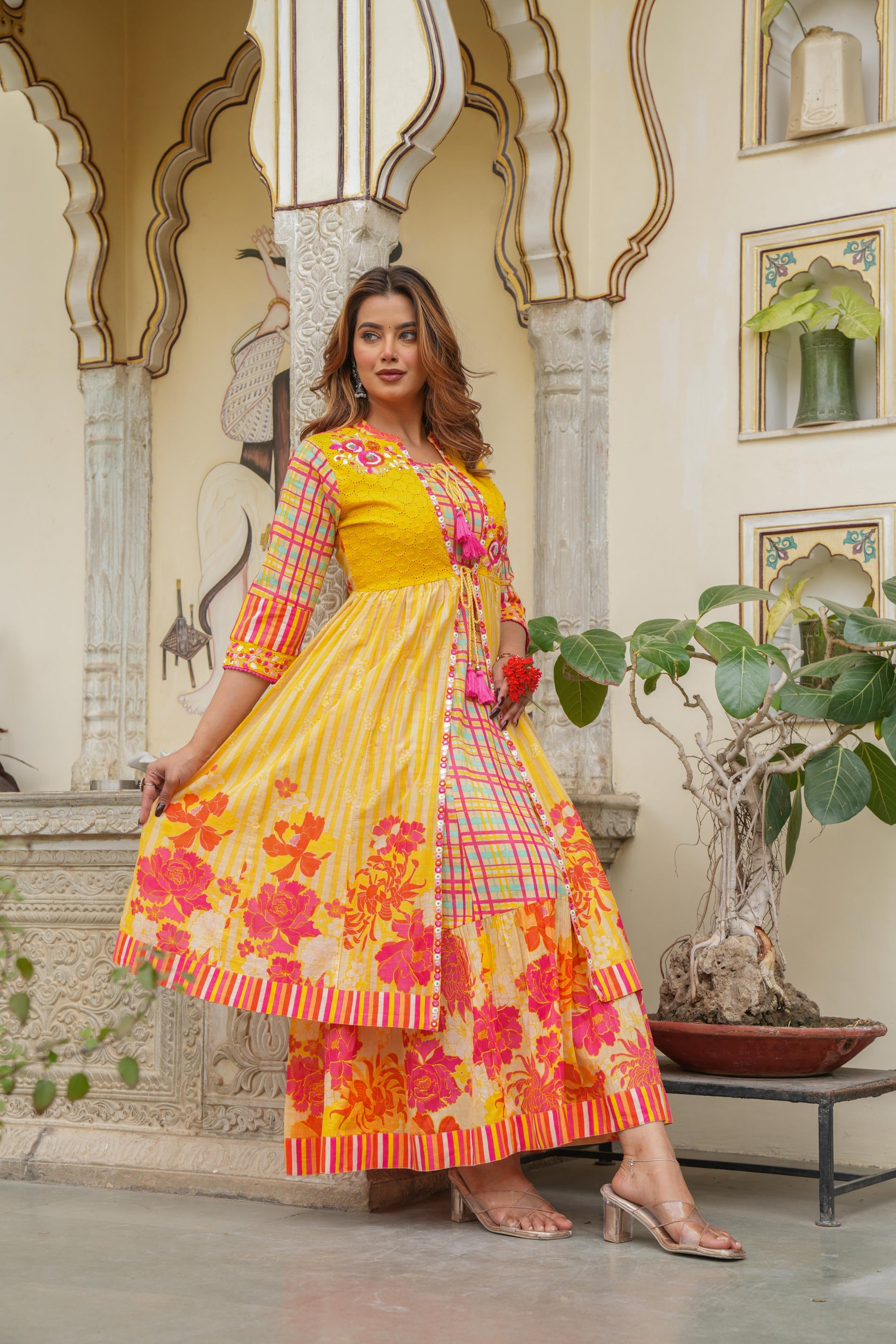 Mustard Layered Flared Dress With Inner with Sequins, Mirror Work, Dori, tassels.