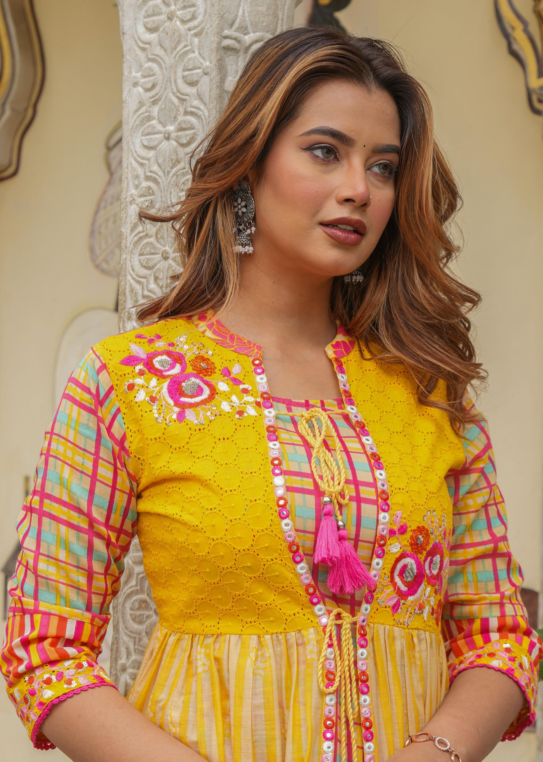 Mustard Layered Flared Dress With Inner with Sequins, Mirror Work, Dori, tassels.