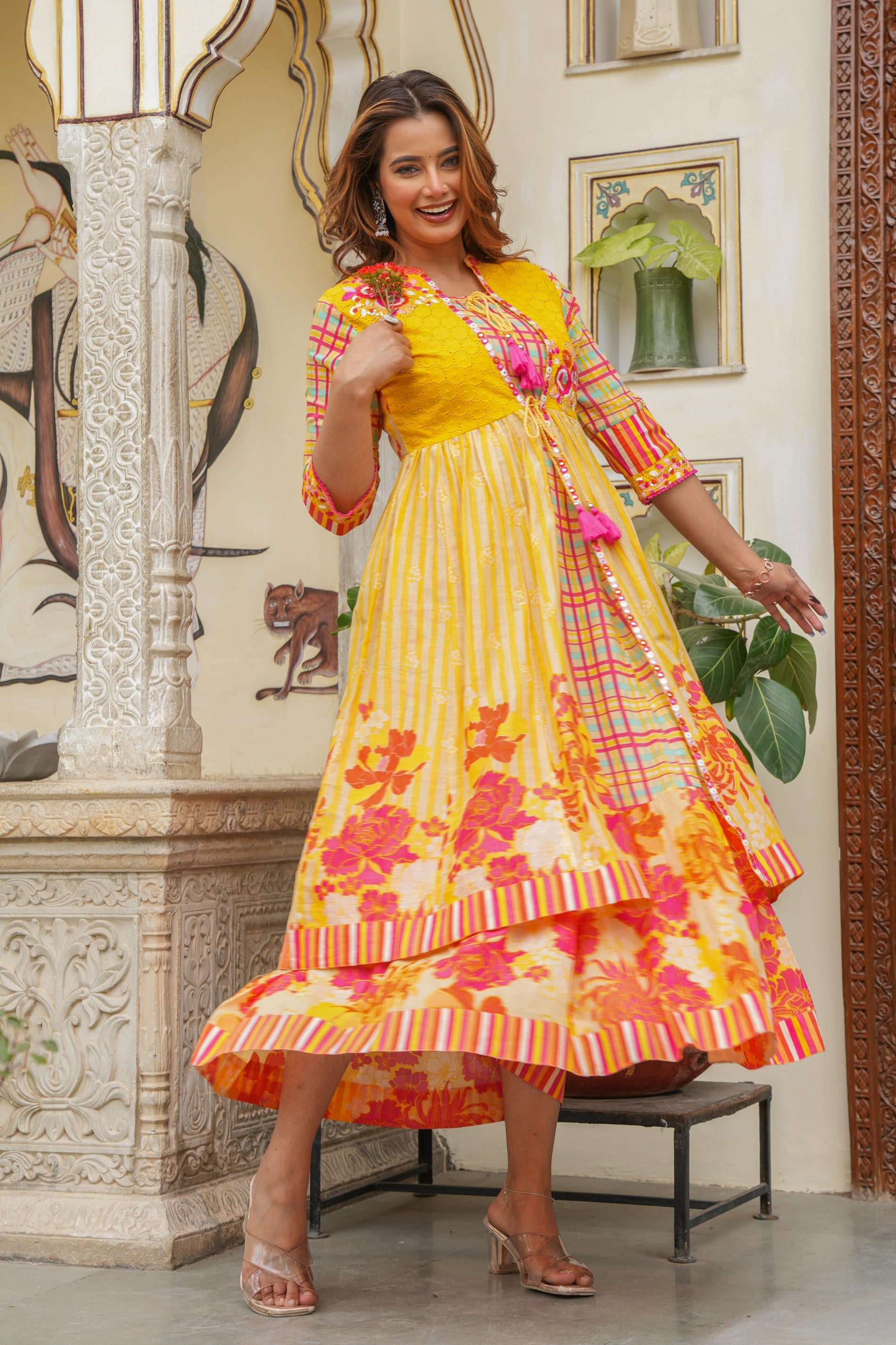 Mustard Layered Flared Dress With Inner with Sequins, Mirror Work, Dori, tassels.