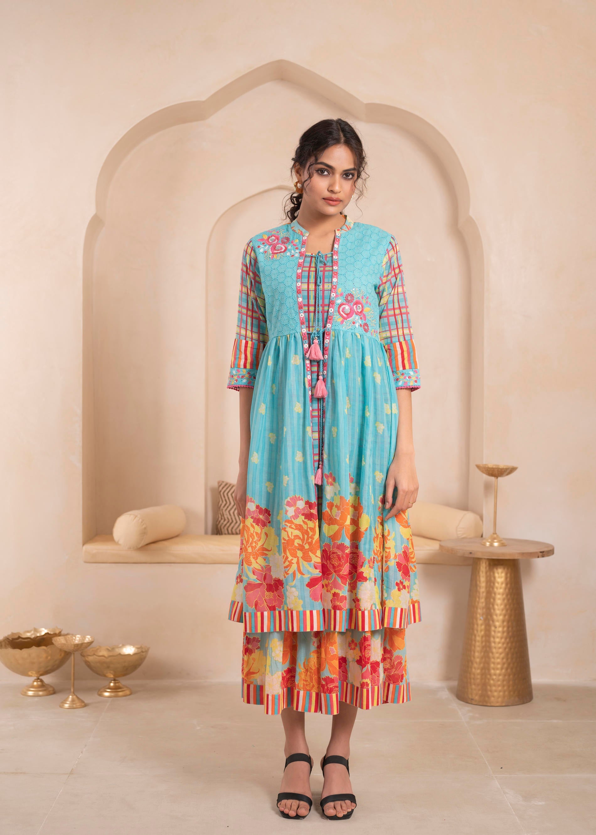 Sky Blue Layered Flared Dress with Printed Hem and Embroidered Yoke