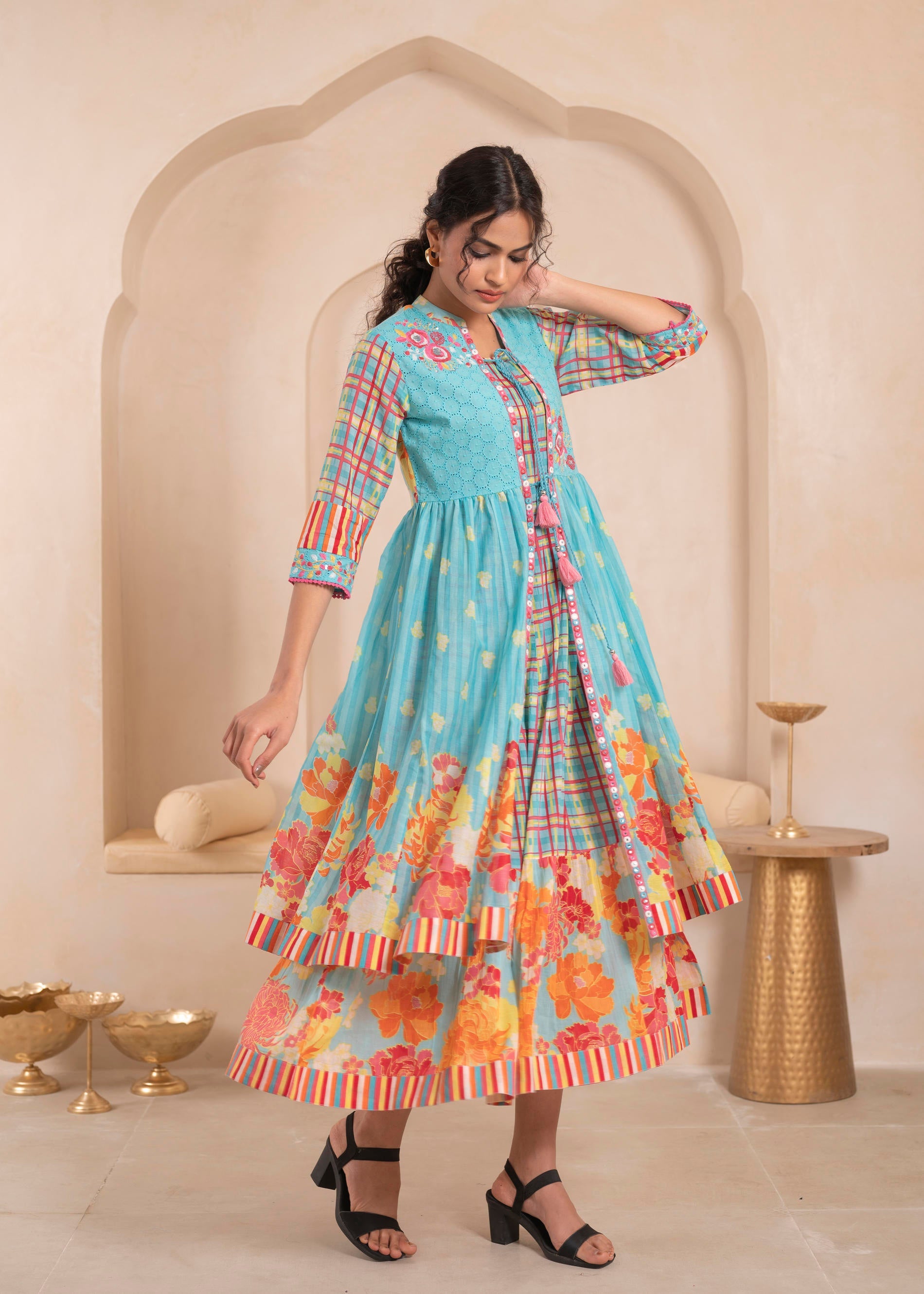 Sky Blue Layered Flared Dress with Printed Hem and Embroidered Yoke
