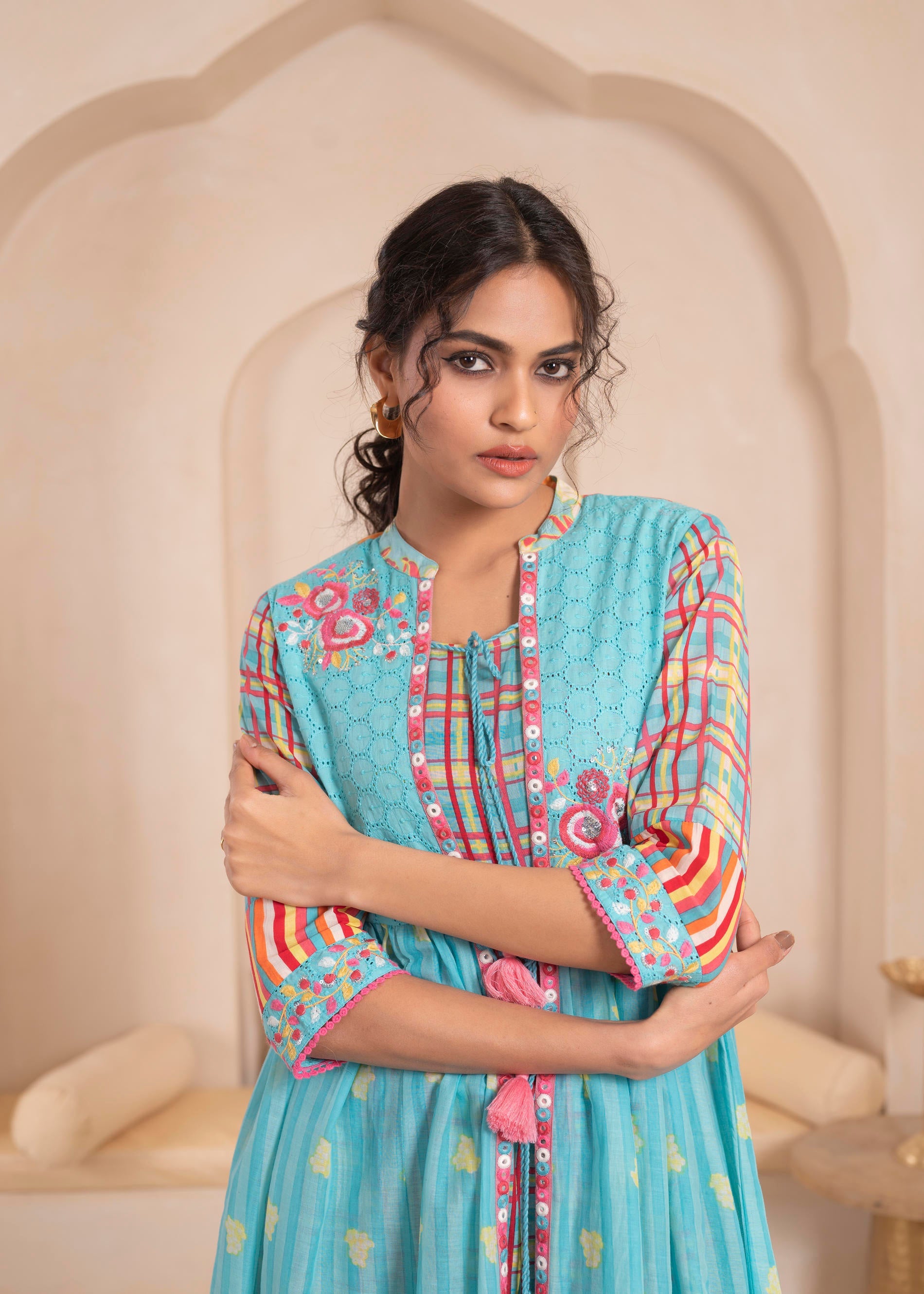 Sky Blue Layered Flared Dress with Printed Hem and Embroidered Yoke