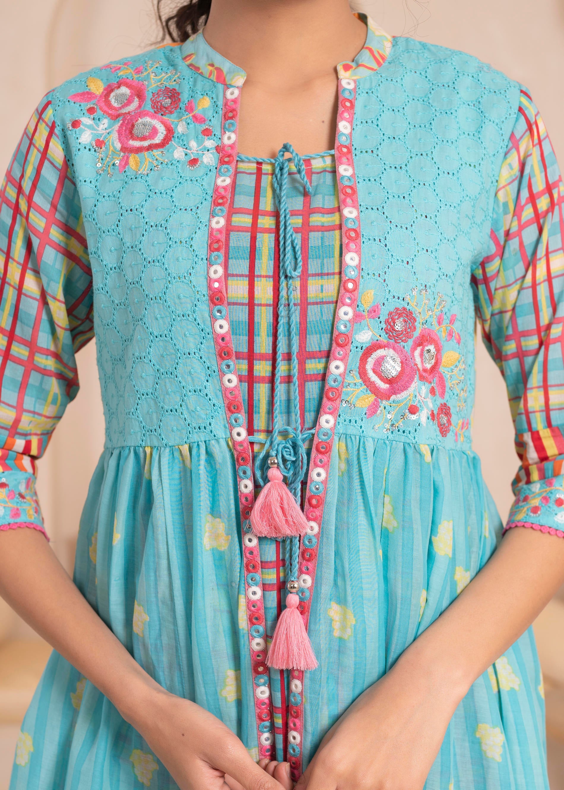 Sky Blue Layered Flared Dress with Printed Hem and Embroidered Yoke