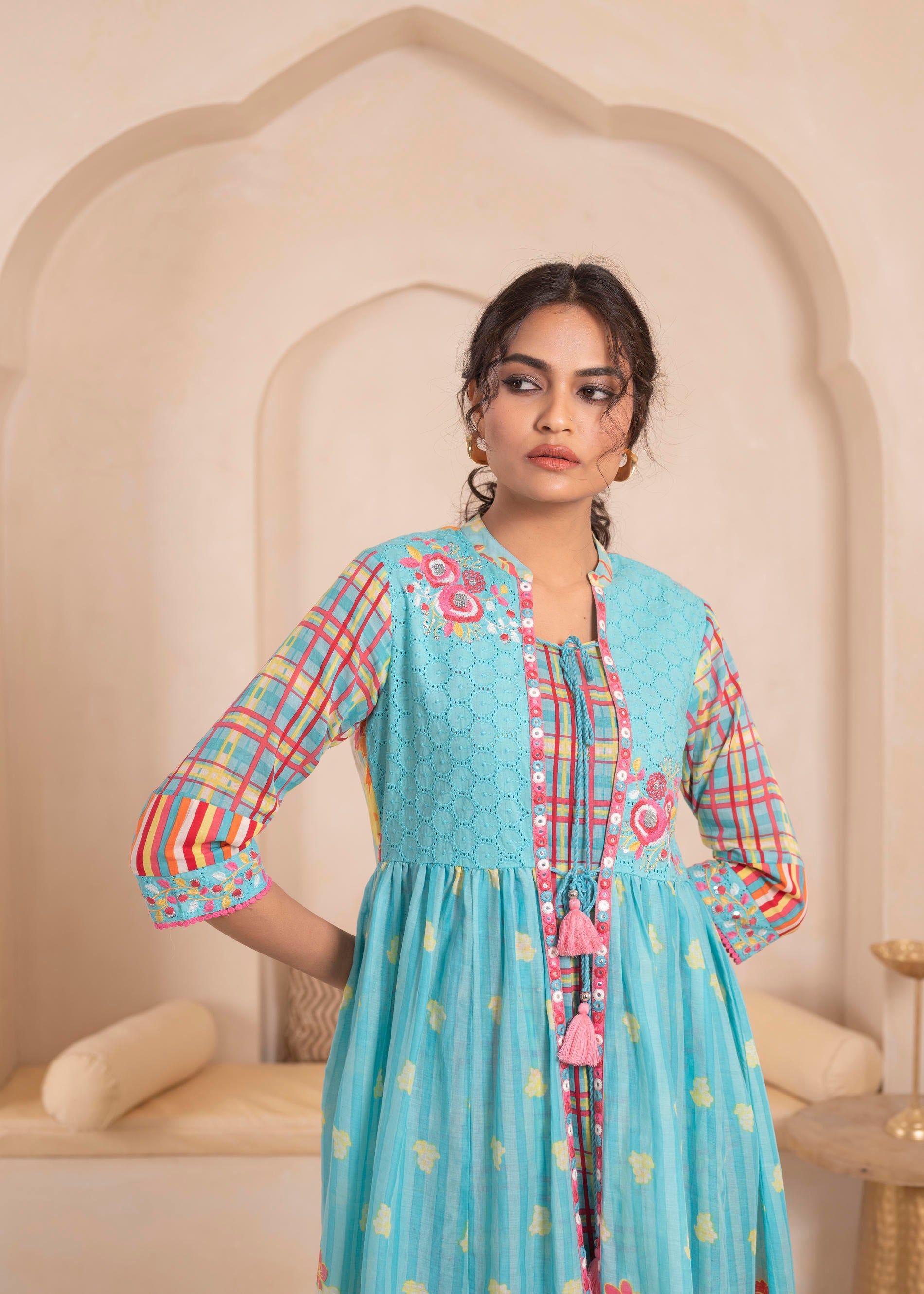 Sky Blue Layered Flared Dress with Printed Hem and Embroidered Yoke